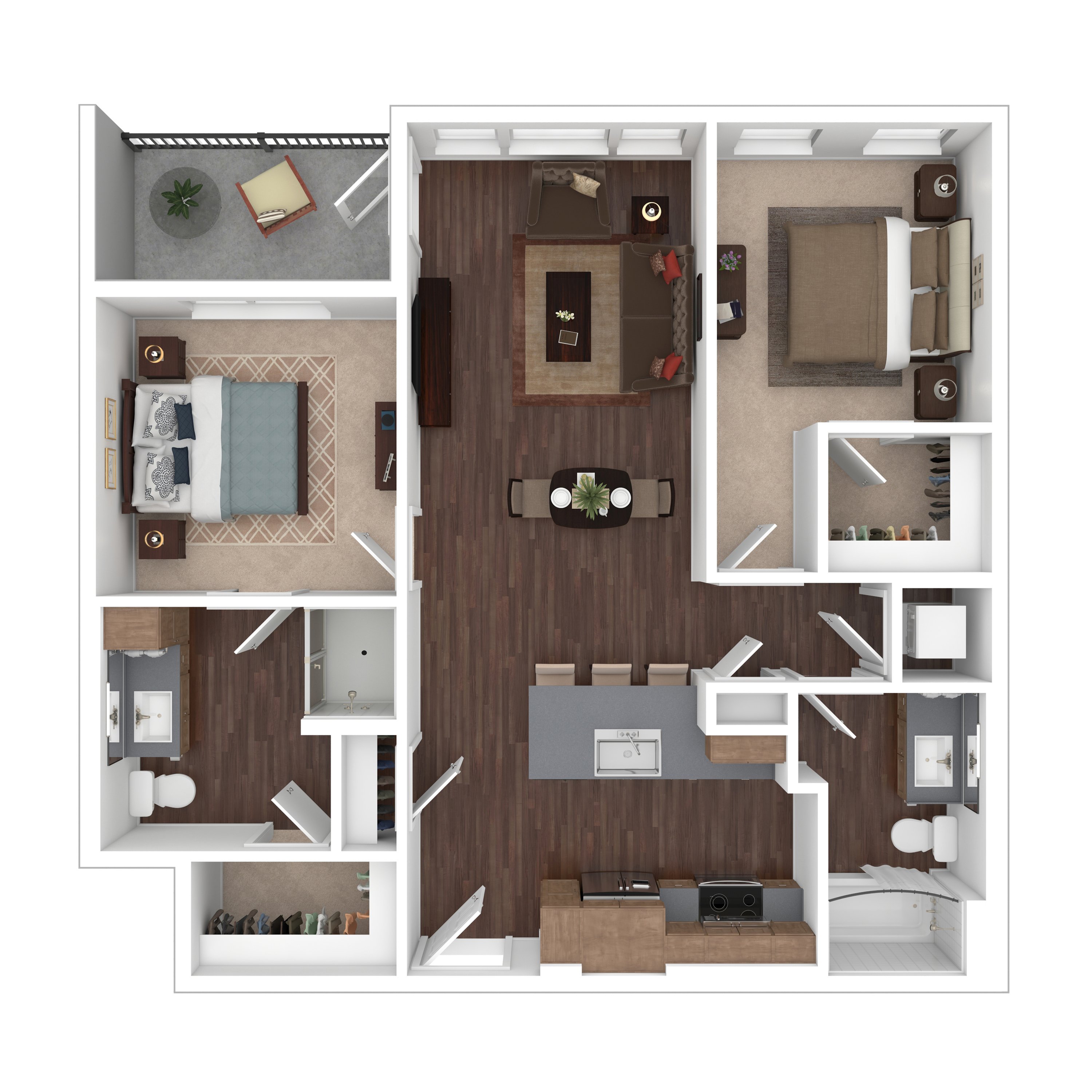 Modern 3D floor plan showcasing two bedrooms, a sleek open-concept kitchen, spacious living area, and two bathrooms, ideal for contemporary living.
