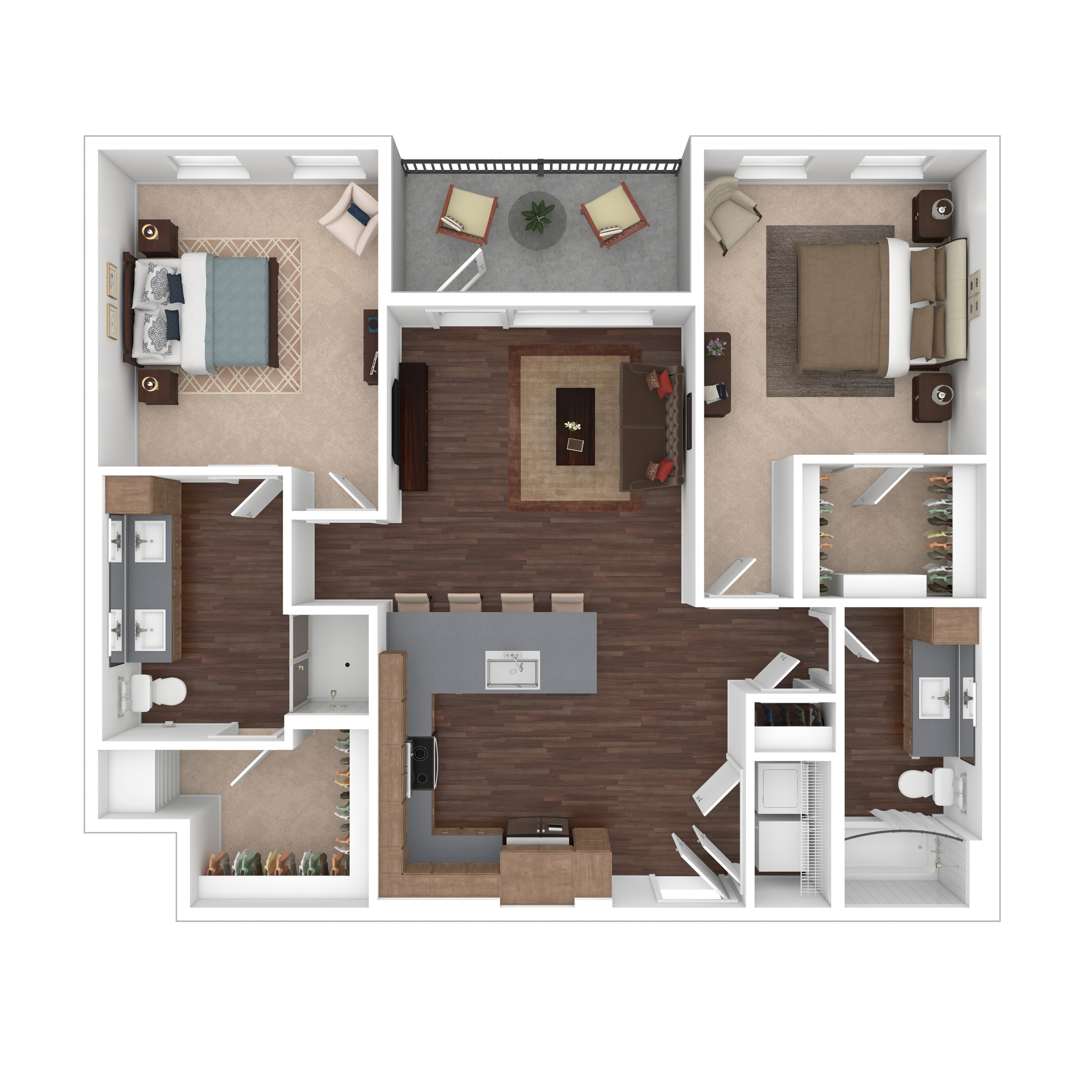 Modern floor plan showcasing 2 spacious bedrooms, stylish open-concept kitchen, inviting living area, and 2 elegant bathrooms.