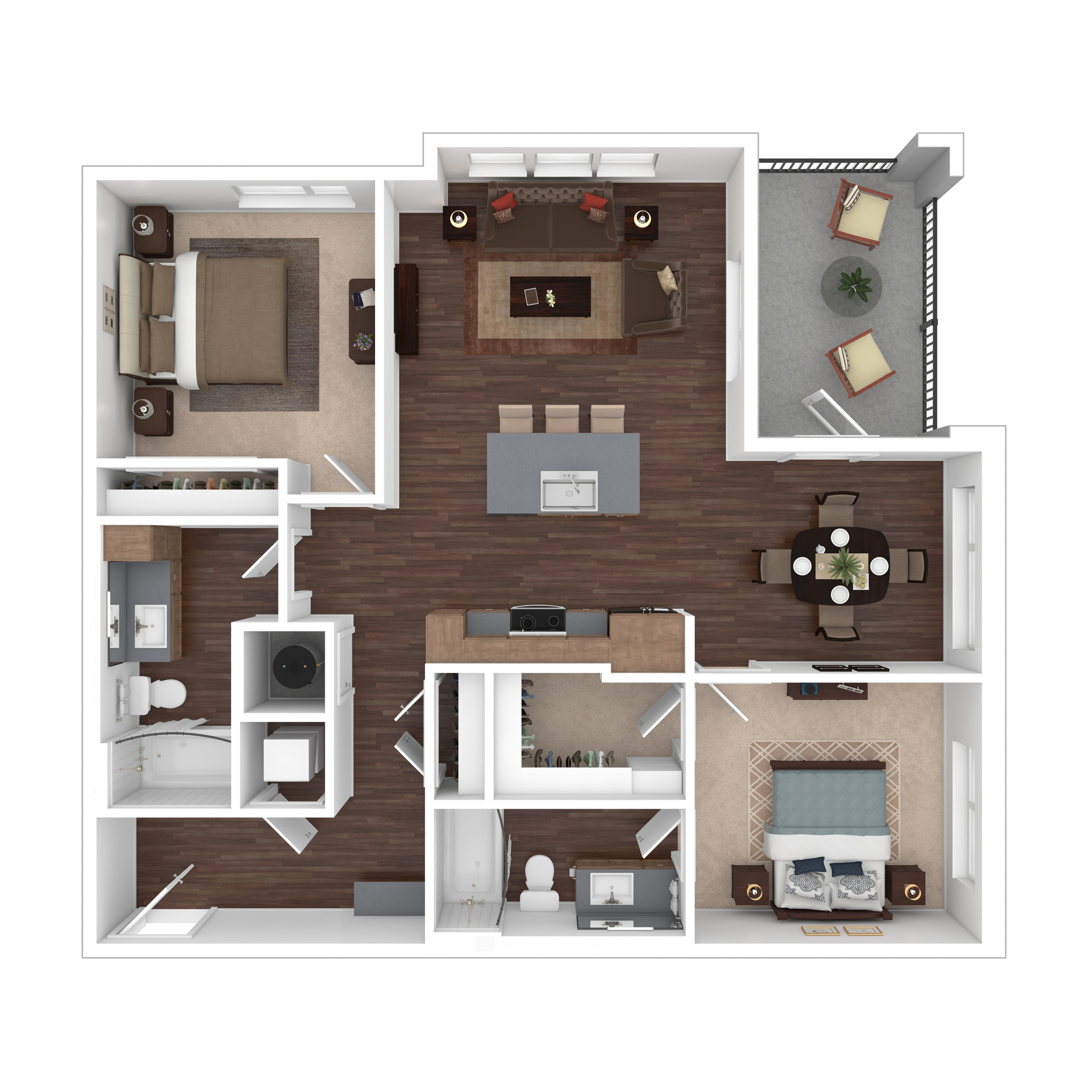 Chic floor plan featuring two spacious bedrooms, an elegant open-plan living area with a modern kitchen, and a cozy balcony, perfect for city living.