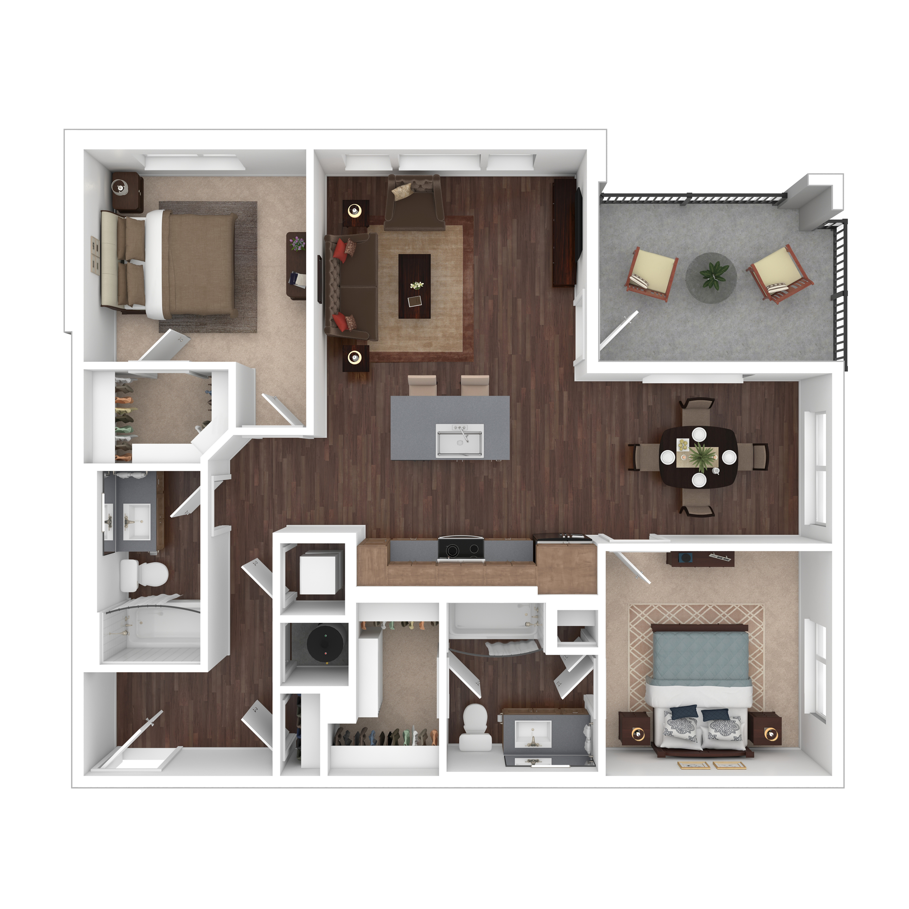Modern floor plan showcasing 2 bedrooms, open living area, stylish kitchen, and inviting balcony space.