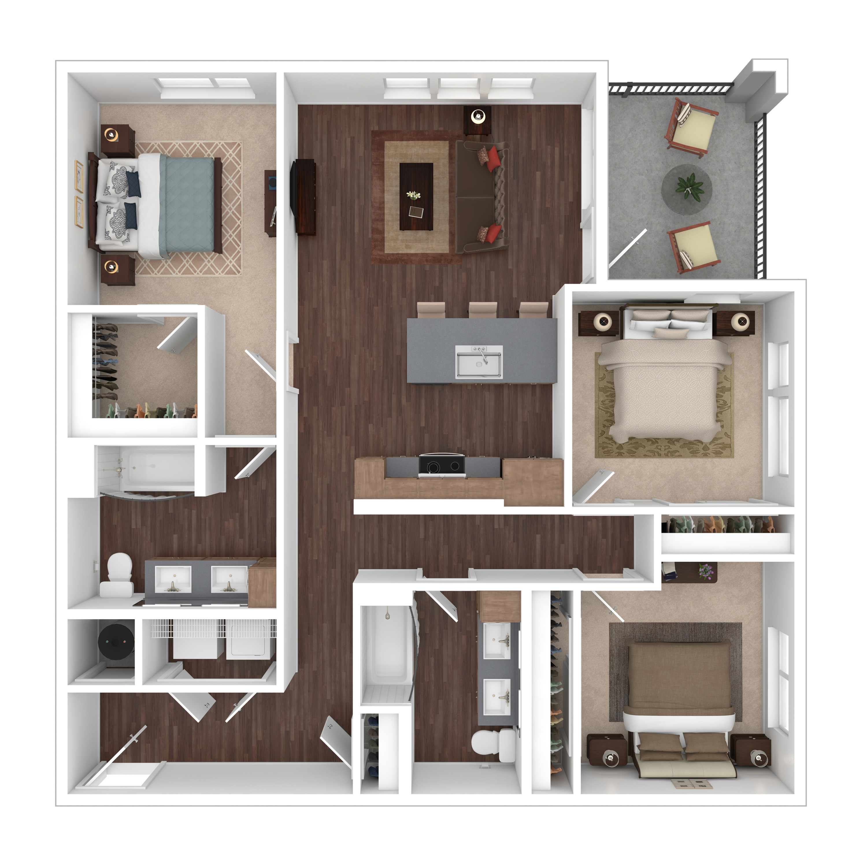 Modern 3D floor plan showcasing three bedrooms, open-concept living and dining area, stylish kitchen island, and private balcony.