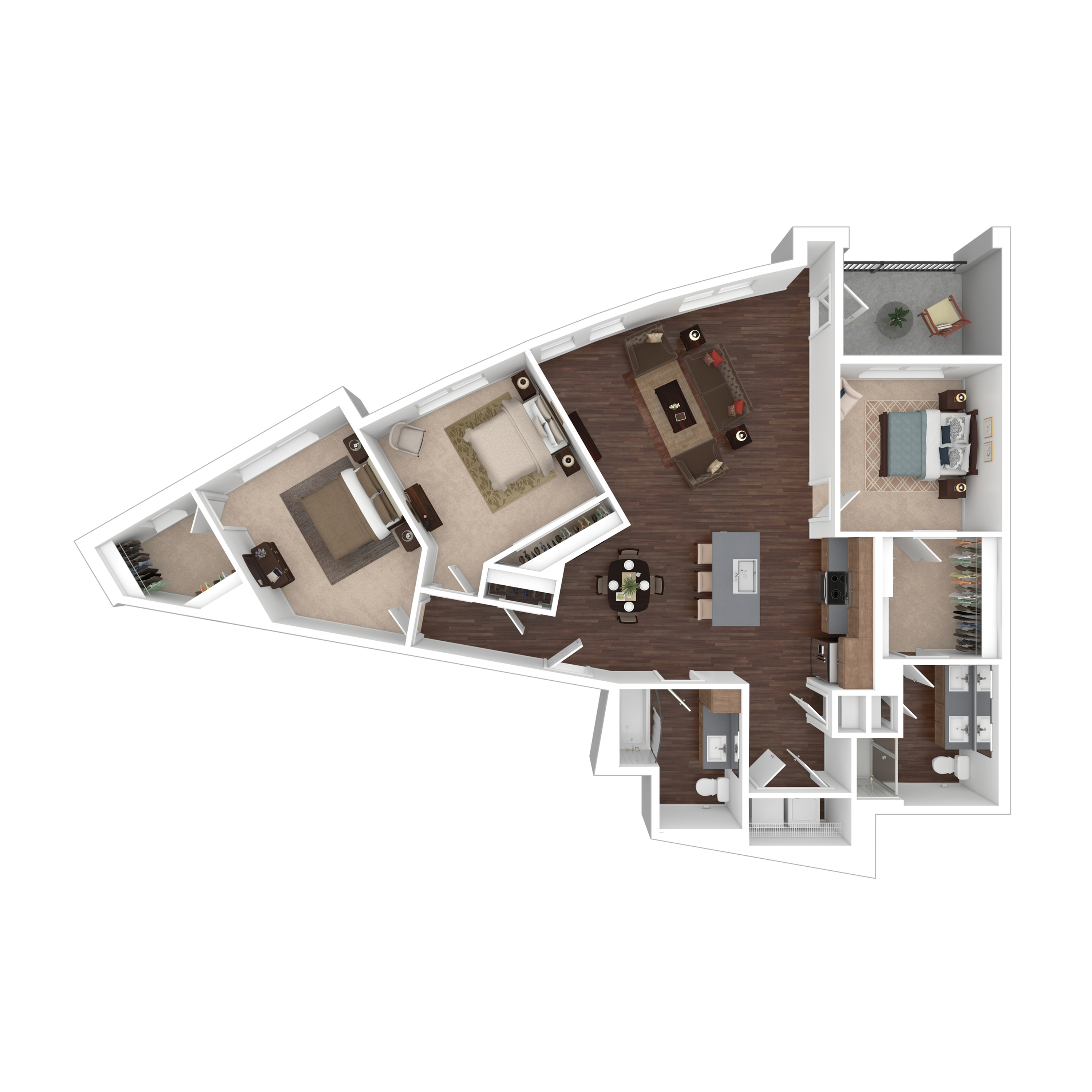 Chic angular floor plan showcasing 3 bedrooms, contemporary open-concept living area, and sleek kitchen with modern finishes.