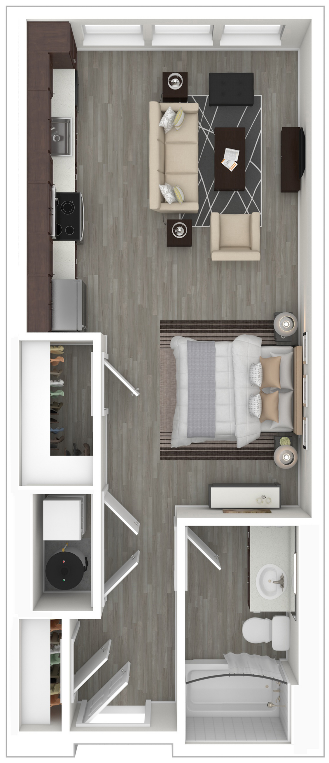 Modern studio floor plan showcasing an open layout with a cozy bedroom, inviting living area, sleek kitchen, and compact bathroom.