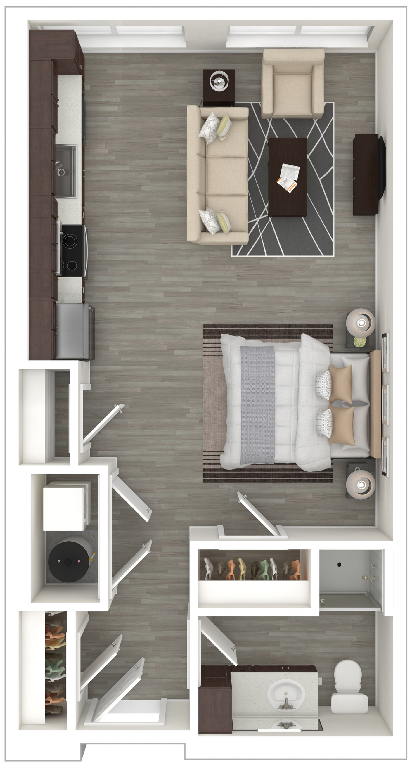 Modern apartment floor plan featuring a cozy bedroom, stylish bathroom, open-concept living room, and sleek kitchen with ample natural light.