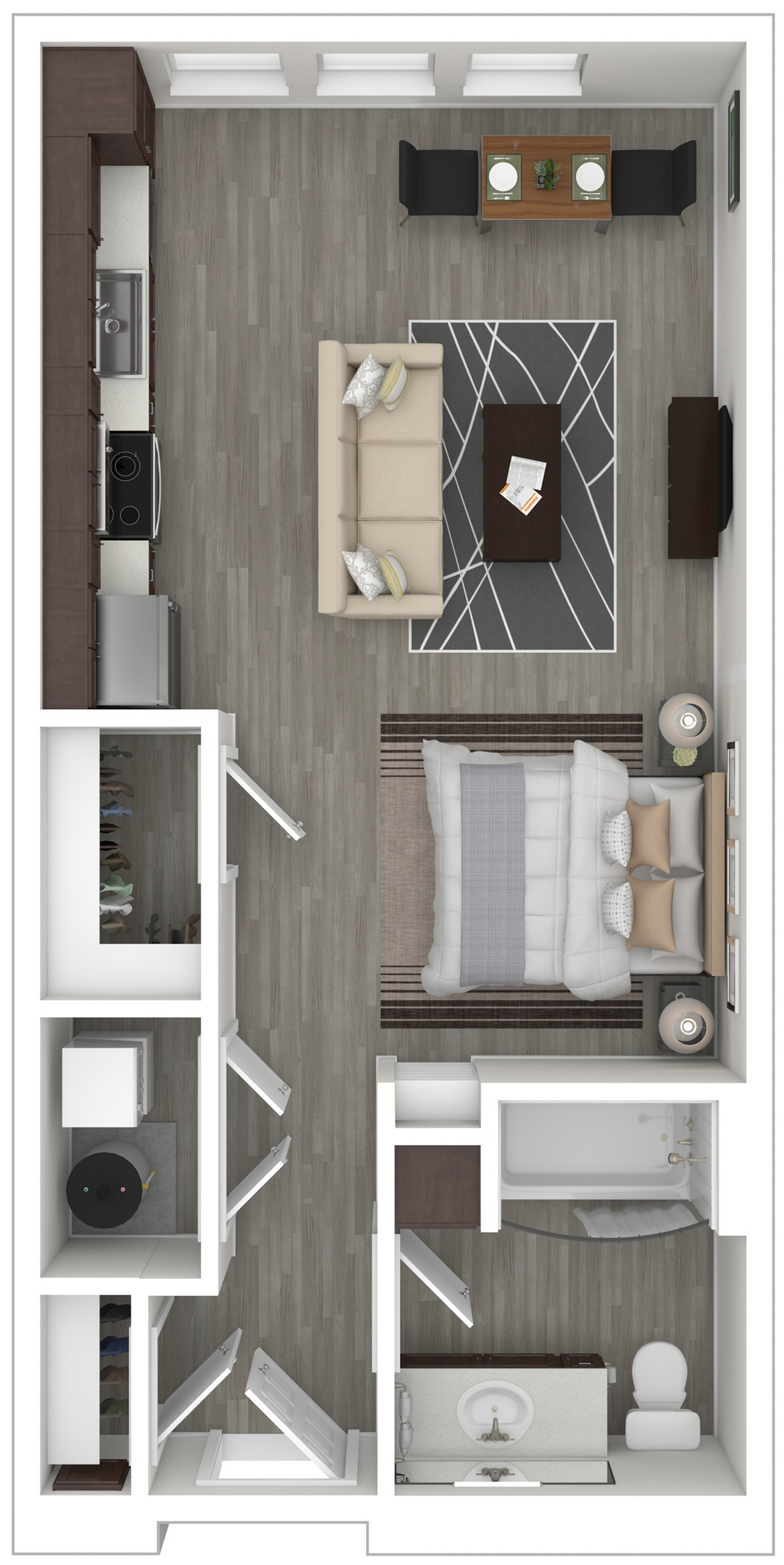 Contemporary floor plan featuring a cozy studio apartment with open-concept living space, fully-equipped kitchen, and elegant bedroom area.