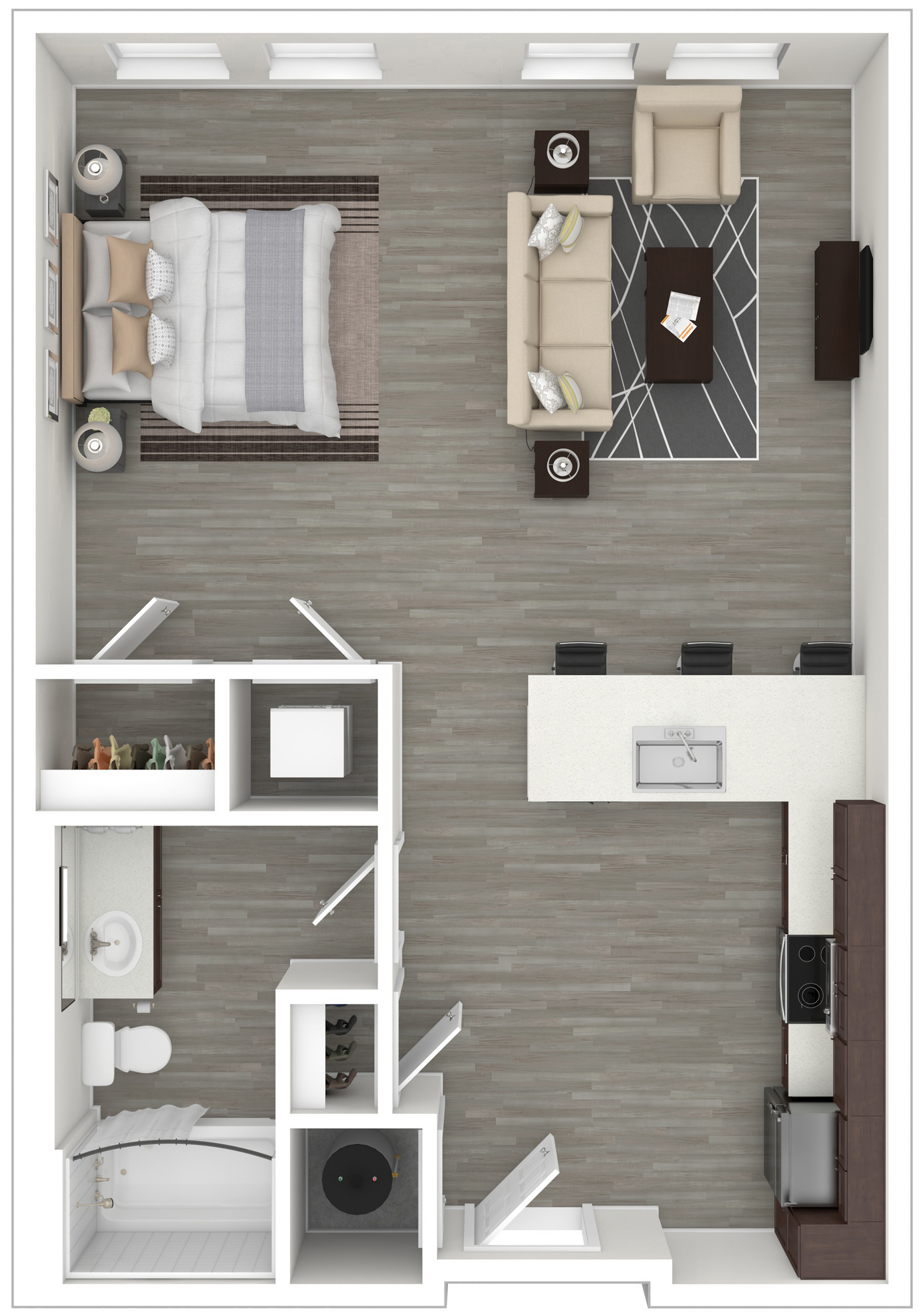 Modern studio apartment floor plan featuring open-concept living area, cozy bedroom, sleek kitchen, and elegant bathroom.