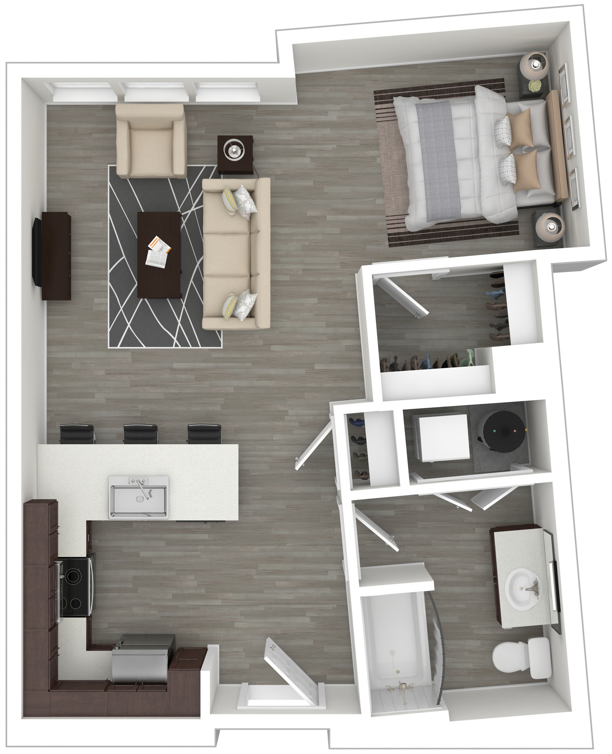 Modern 1-bedroom apartment floor plan featuring an open-concept living area, sleek kitchen with bar seating, and cozy bedroom with ample closet space.