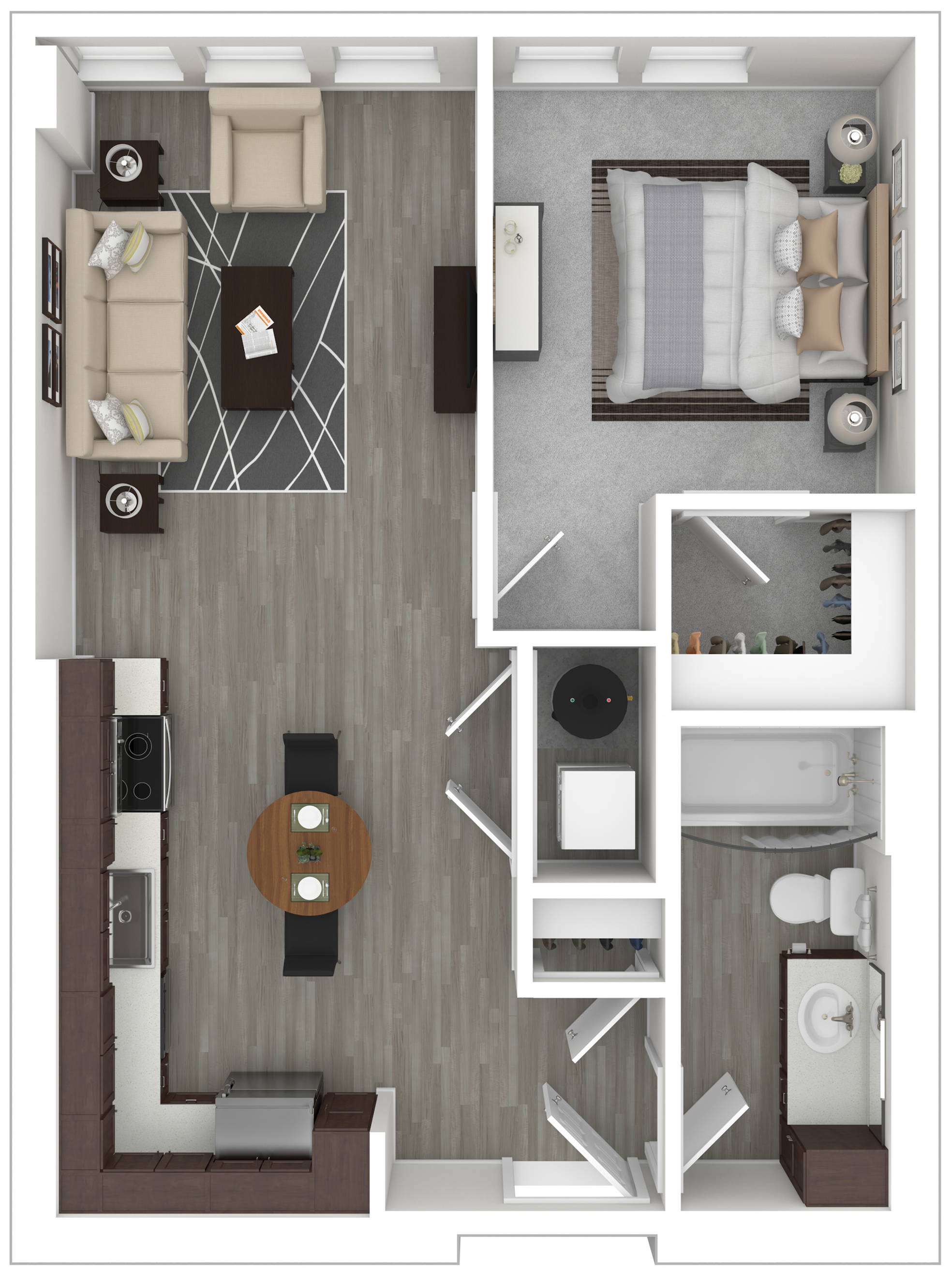 Contemporary floor plan illustration showcasing an open-concept living area, one bedroom, modern kitchen, and well-designed bathroom.