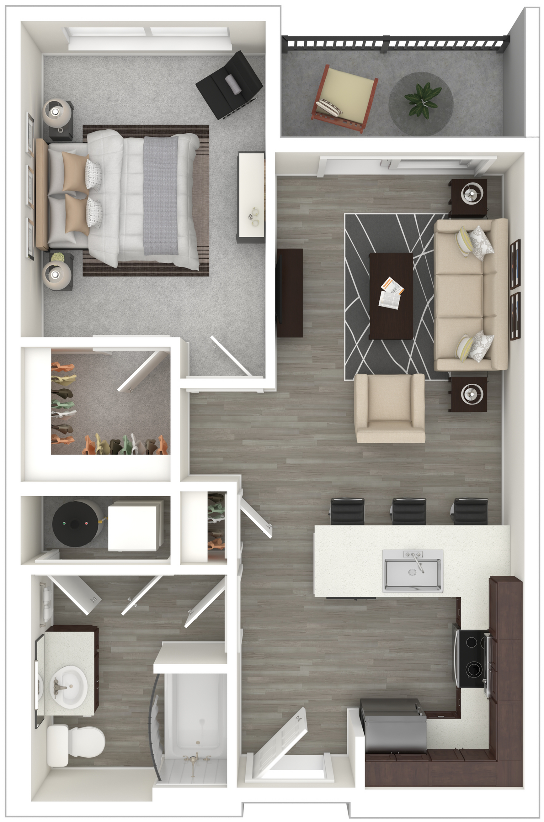 Modern floor plan showcasing a cozy bedroom, contemporary open-concept living and kitchen area, sleek bathroom, and private balcony.