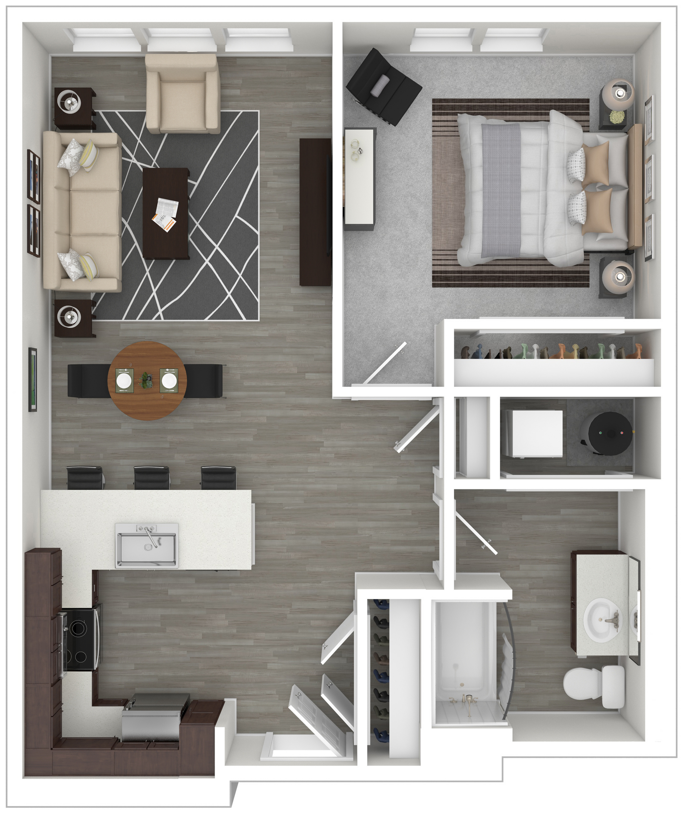 Chic open-concept floor plan showcasing a spacious living room, modern kitchen with breakfast bar, cozy bedroom, and stylish bathroom.