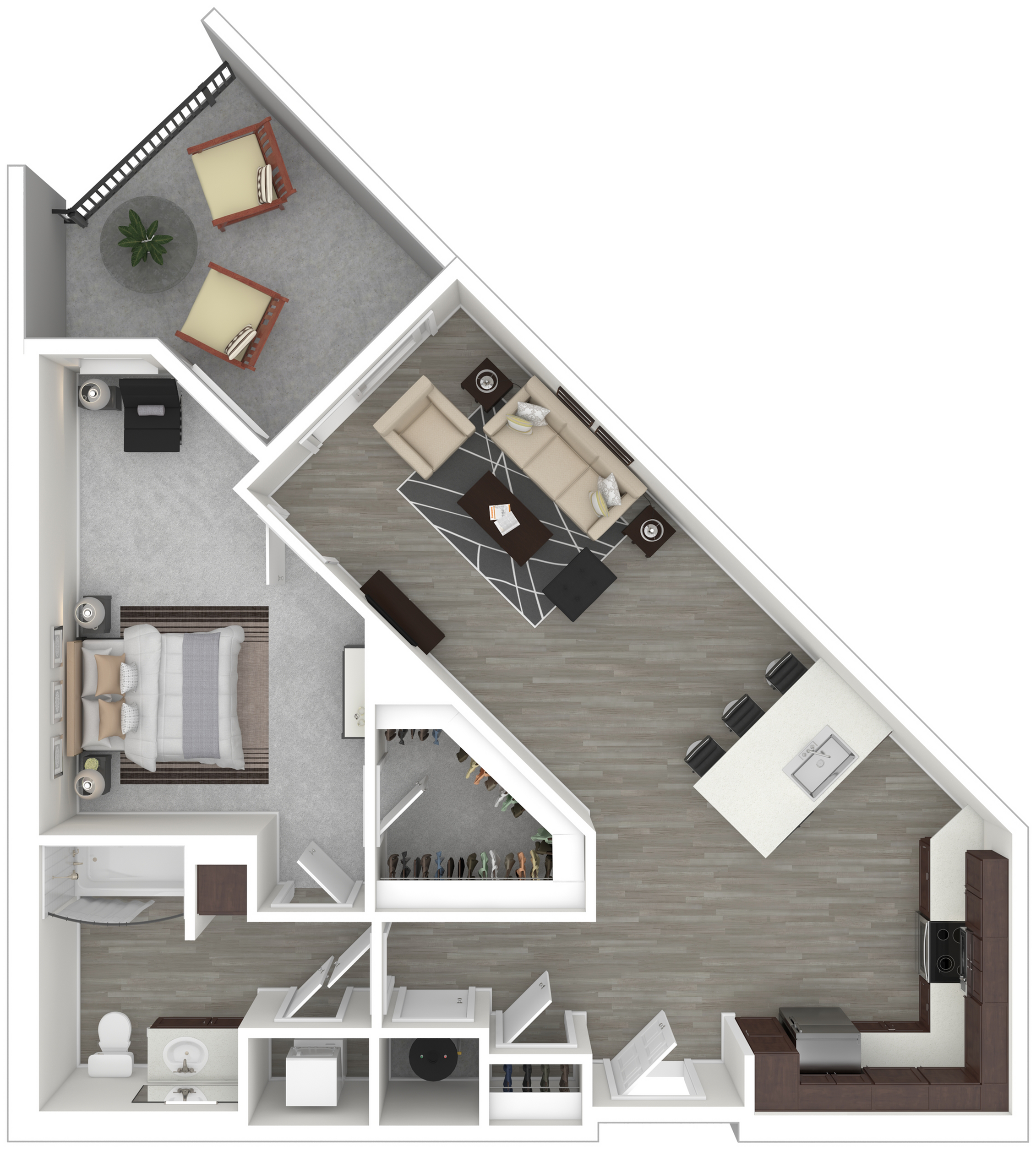 Modern 1-bedroom apartment floor plan featuring an open-concept living area with a stylish kitchen and a cozy balcony.