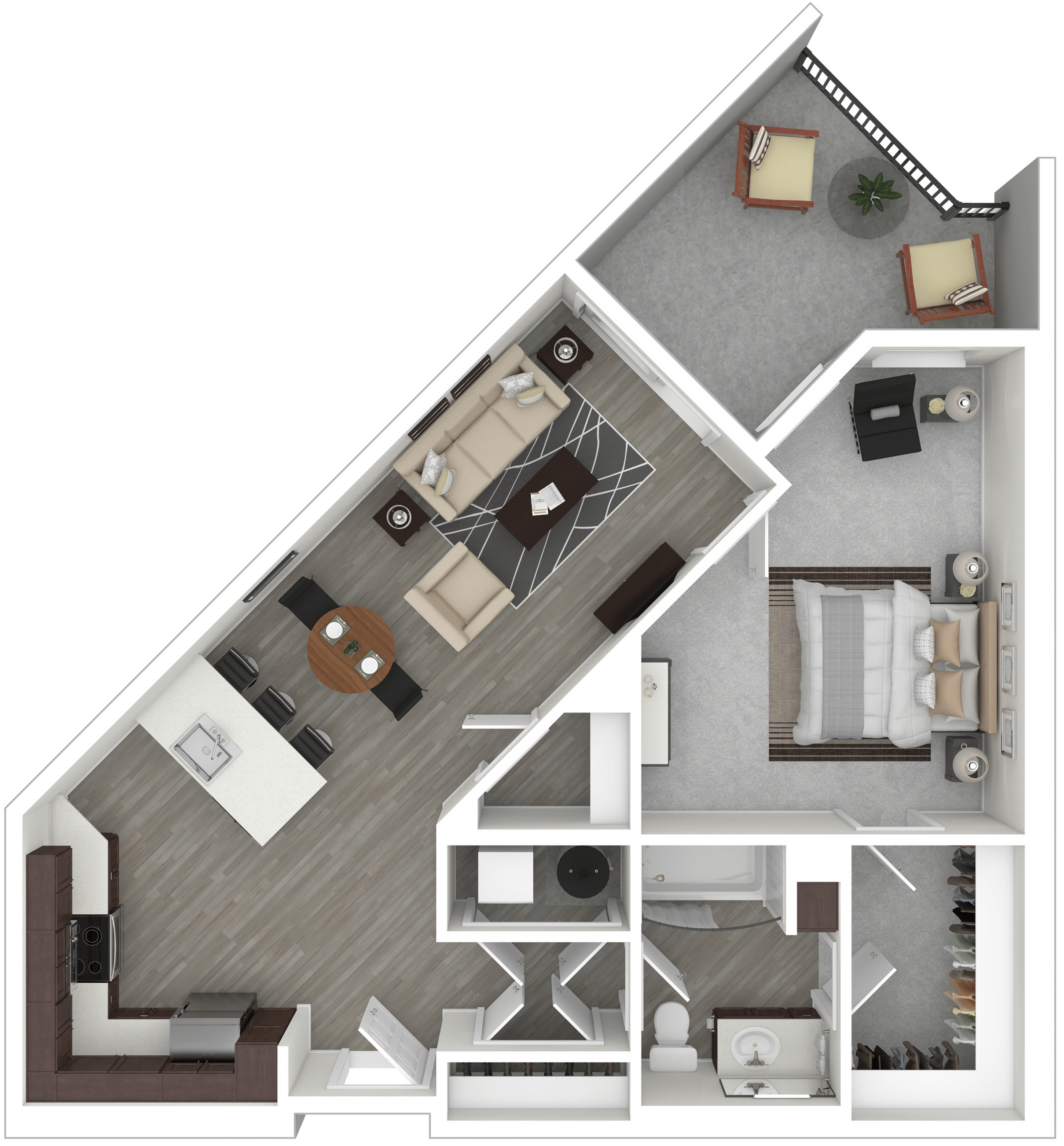 Modern apartment floor plan with one bedroom, open-concept living and dining area, sleek kitchen, and private balcony.