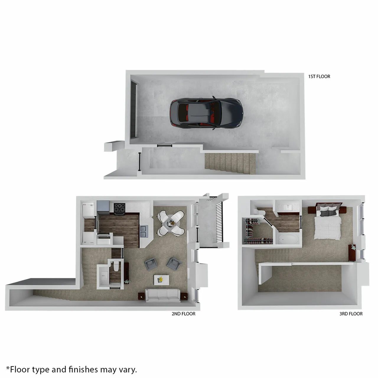 Contemporary three-story floor plan featuring a main bedroom suite, open-plan kitchen and living area, and convenient garage space.