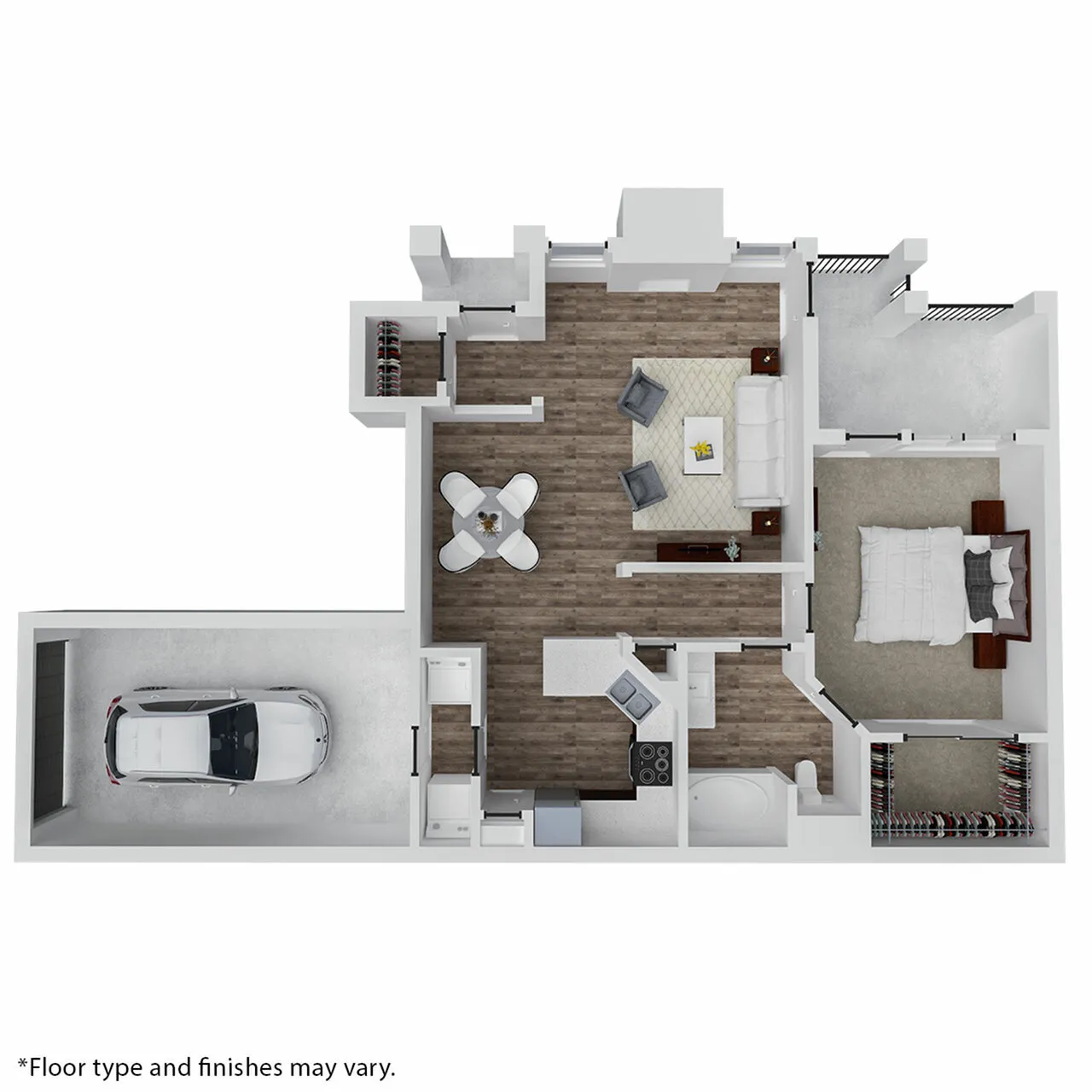 Elegant 1-bedroom apartment floor plan with open-concept living area, modern kitchen, cozy dining space, and attached garage.