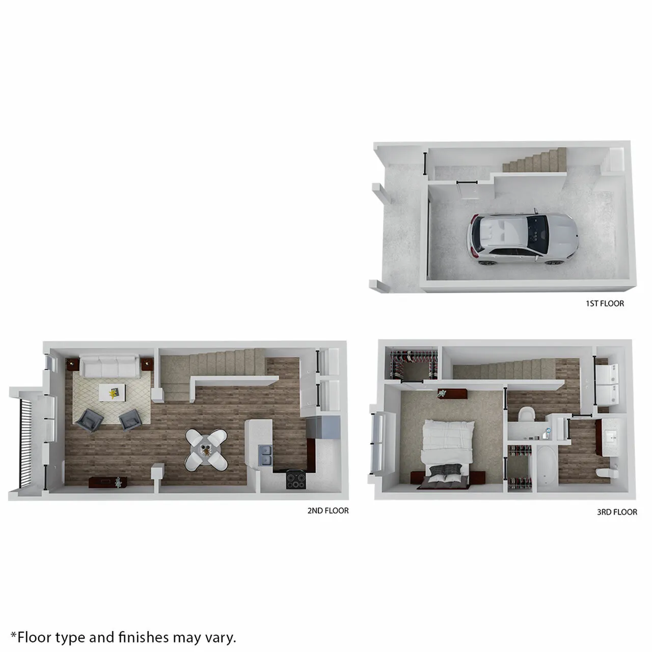 Modern three-level floor plan with a garage on the first floor, open-concept living and dining area on the second floor, and comfortable bedroom suite on the third floor.