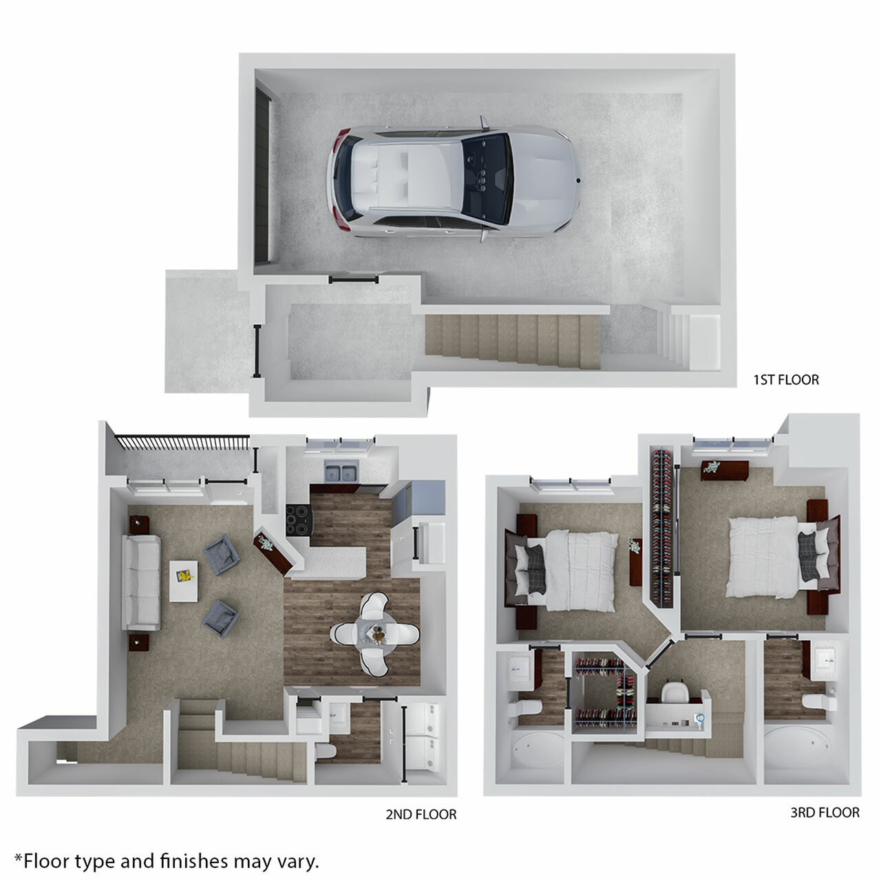 Contemporary 3D floor plan with an integrated garage at ground level, spacious open-concept living and kitchen area on the second floor, and two cozy bedrooms with en-suite bathrooms on the third floor.