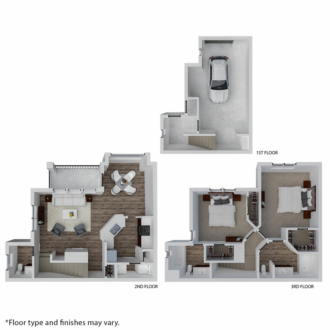 Contemporary 3D floor plan showcasing a garage on the 1st floor, an open-concept living and dining area on the 2nd floor, and two cozy bedrooms on the 3rd floor with modern bathrooms.