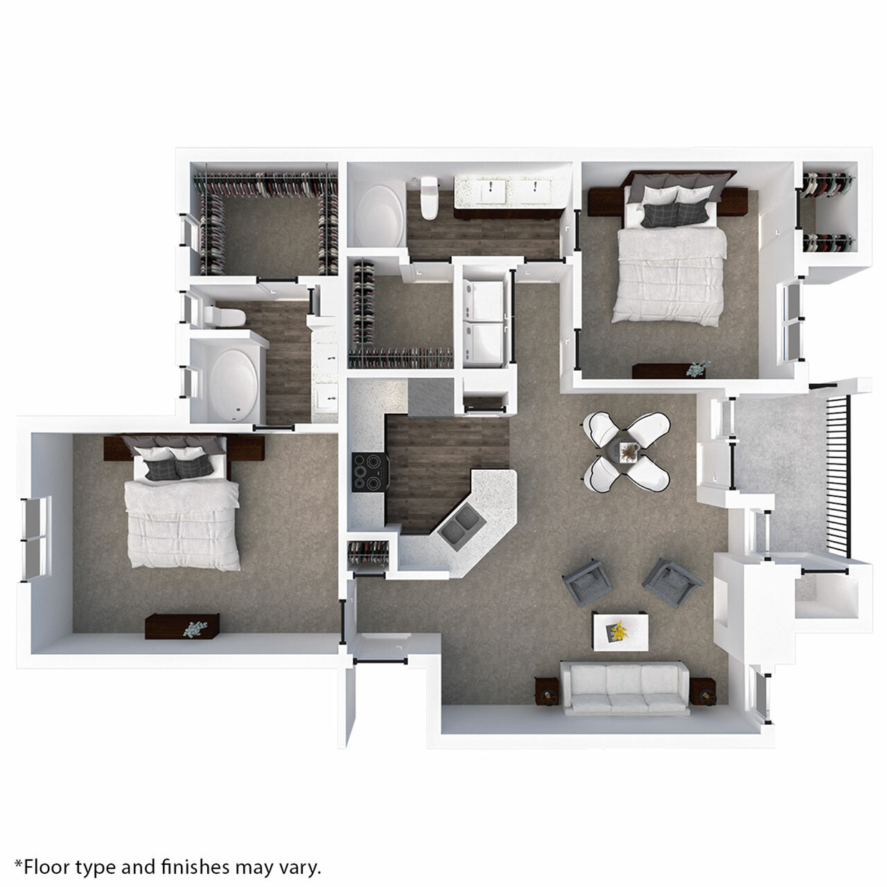 Modern 3D floor plan showcasing 2 bedrooms, 2 bathrooms, an elegant kitchen, and an open-concept living and dining area with balcony access.