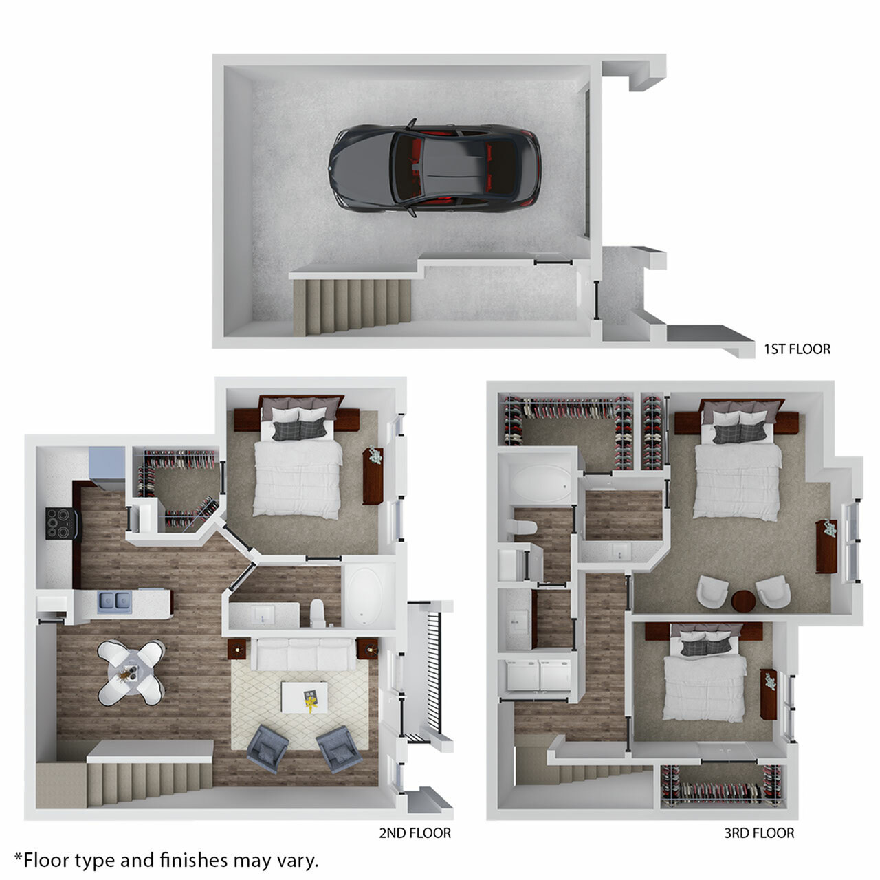 Modern three-story floor plan featuring a garage on the first floor, an open-concept kitchen and living area with one bedroom on the second floor, and two spacious bedrooms with ample closet space on the third floor.