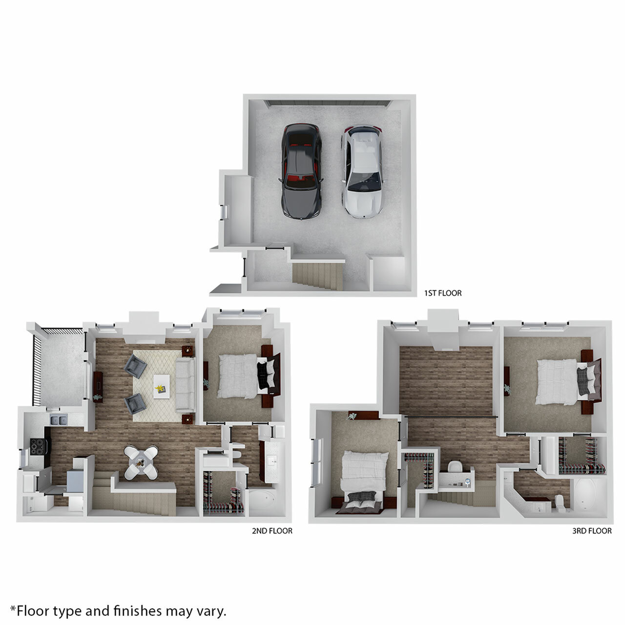 Elegant three-story floor plan with a two-car garage on the first floor, a cozy living room and kitchen on the second, and two spacious bedrooms on the third floor.