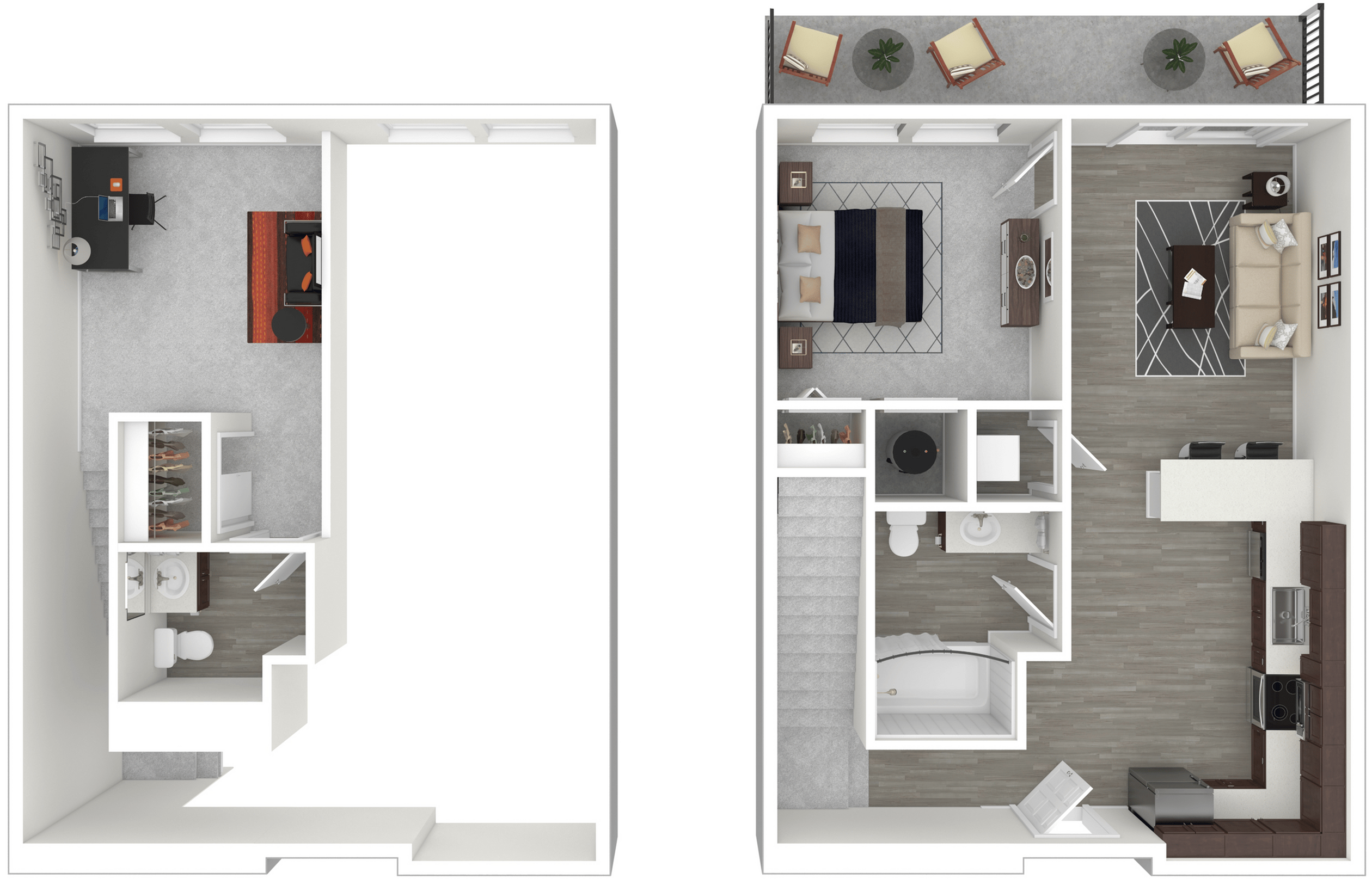 Modern two-level floor plan showcasing a spacious bedroom, open-concept living and dining area, sleek kitchen, and private patio with seating.