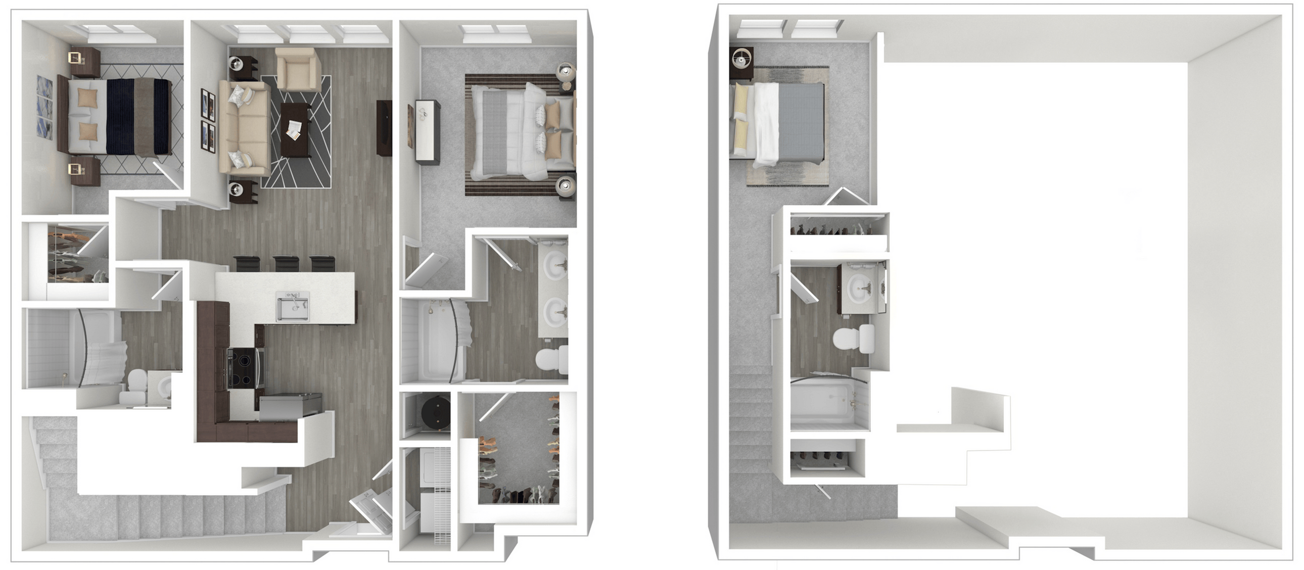 Elegant 3D floor plan showcasing 2 bedrooms, open-concept living area, modern kitchen with island, and two bathrooms, perfect for contemporary living.