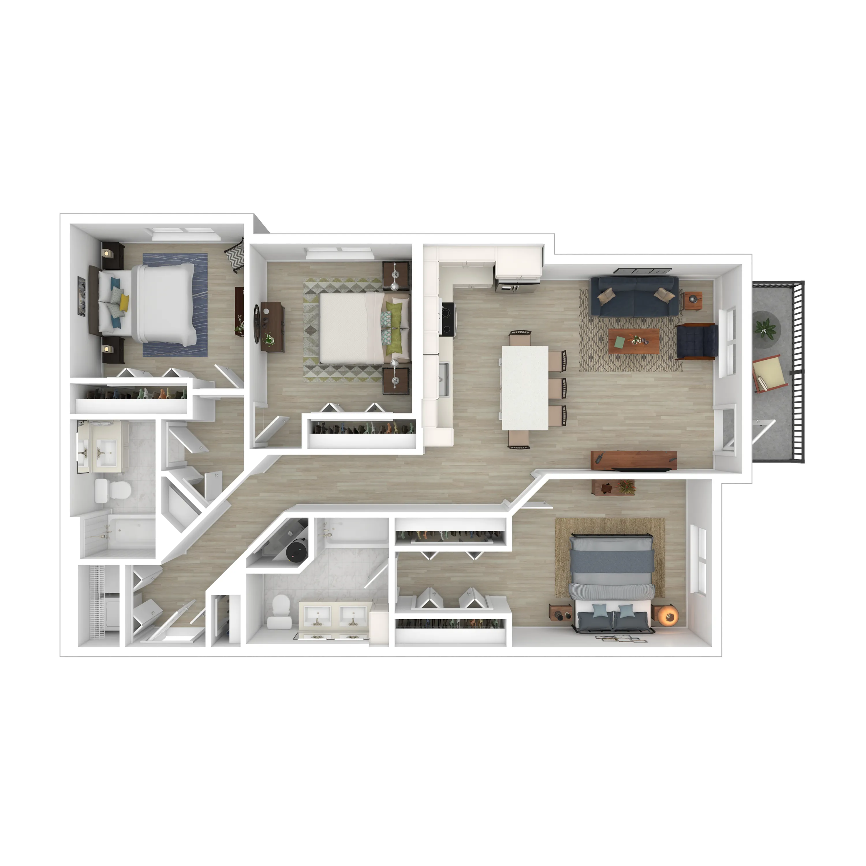 Spacious 3D floor plan featuring 3 bedrooms, a modern kitchen, open living area, and two sleek bathrooms with a balcony.