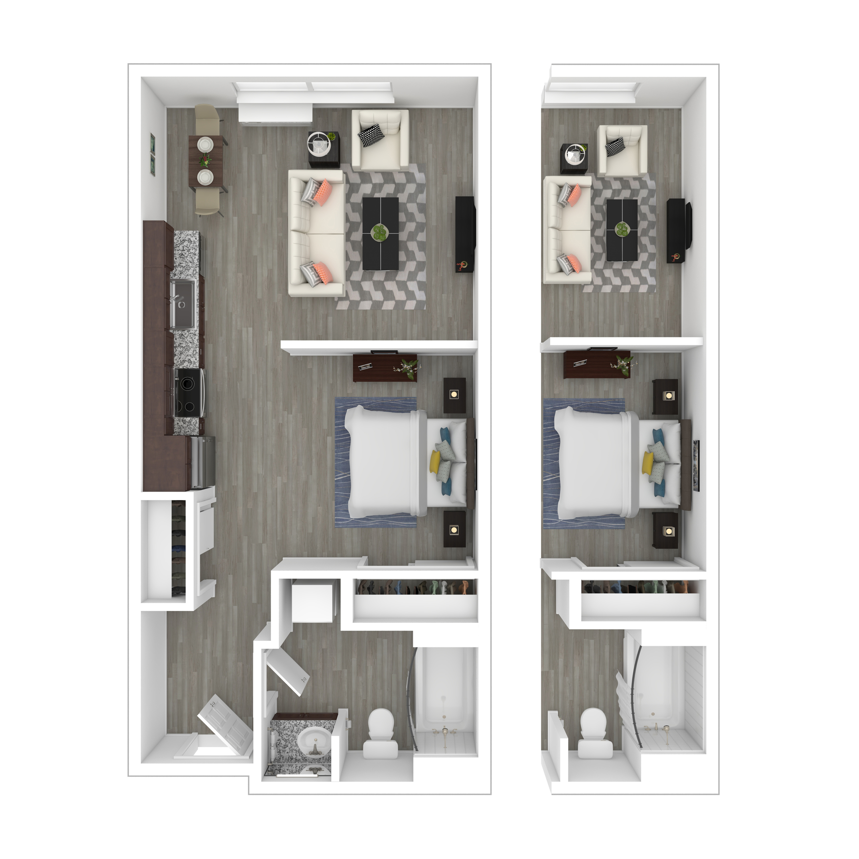 Contemporary 2D floor plan showcasing a sleek open-concept layout with two spacious living areas and cozy bedrooms.