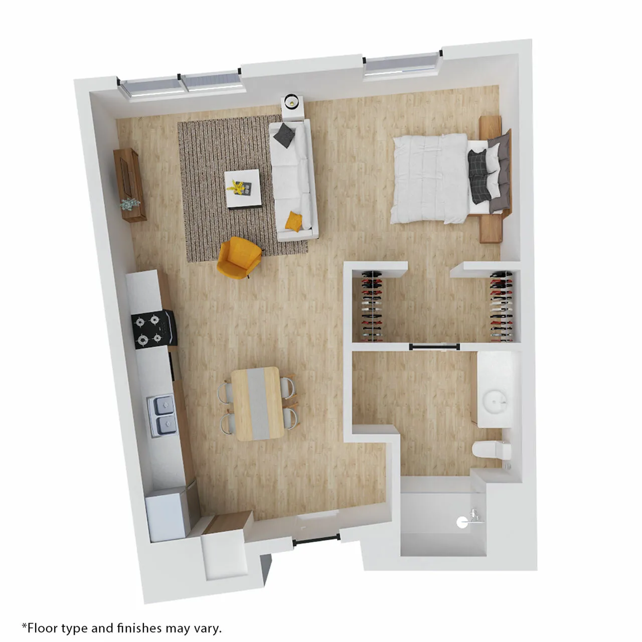 Chic open-concept apartment floor plan with cozy living area, modern kitchen, and comfortable bedroom.
