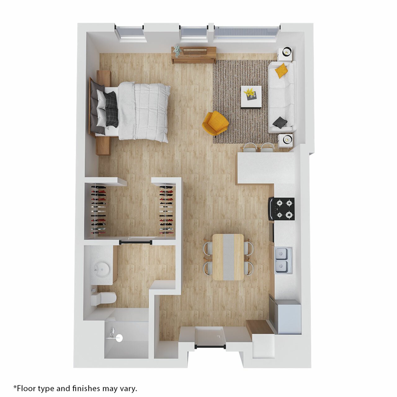 Modern open-concept floor plan featuring 1 bedroom, cozy living area, and efficient kitchen space.