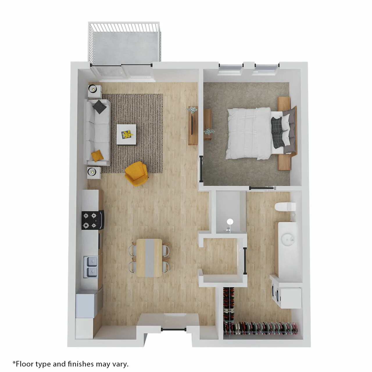 Modern 1-bedroom apartment floor plan with open-concept living area, stylish kitchen, and cozy balcony.