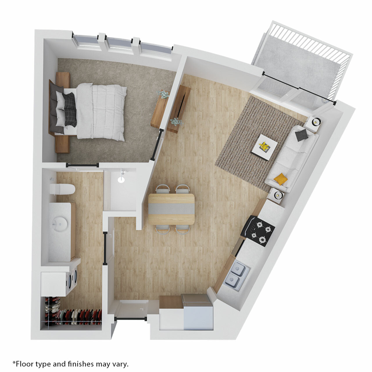 Modern 1-bedroom apartment floor plan with an open-concept living and dining area, stylish kitchen, cozy bedroom, and a private balcony.