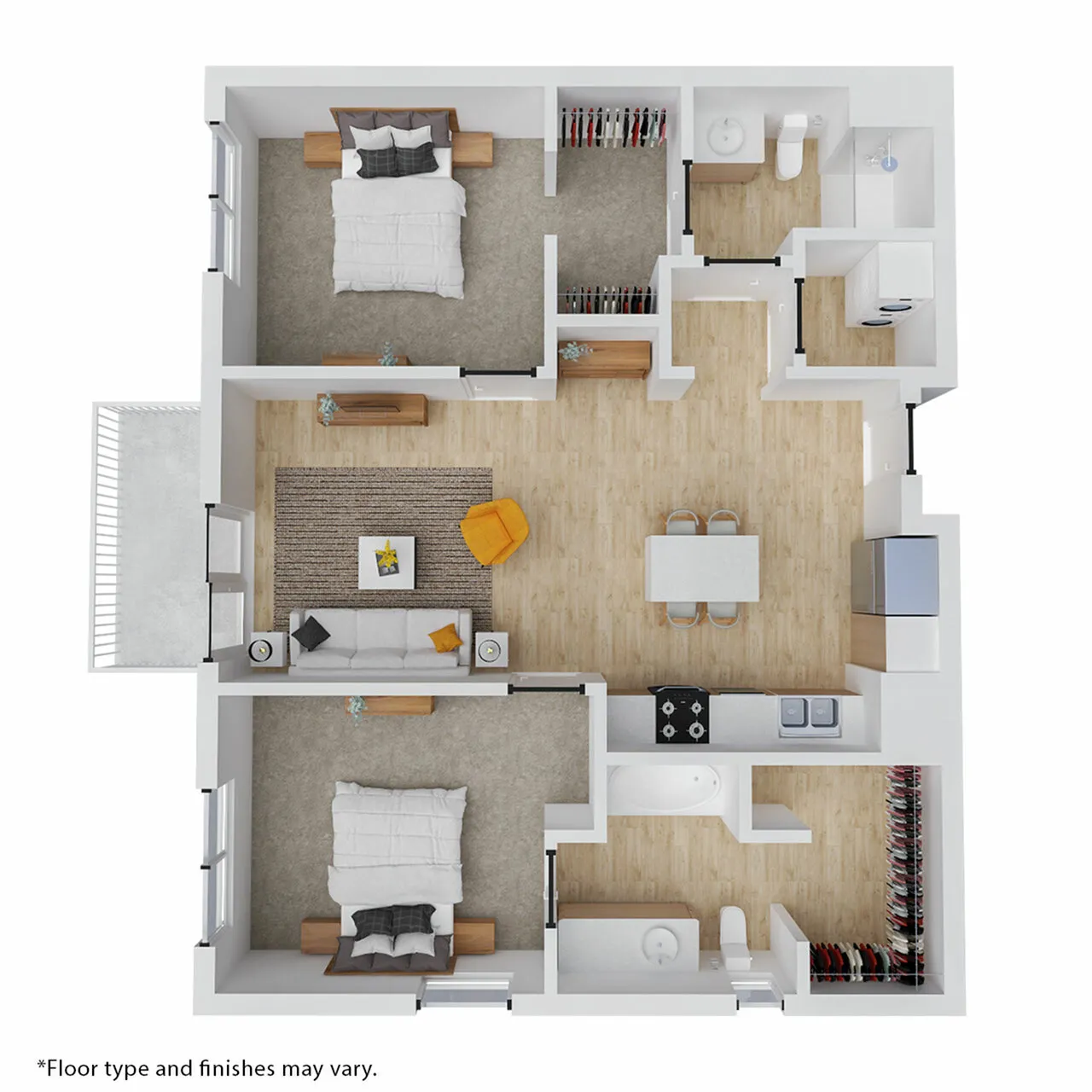 Modern 3D floor plan displaying two spacious bedrooms, a cozy living room with chic decor, a functional kitchen with dining area, and two elegant bathrooms.