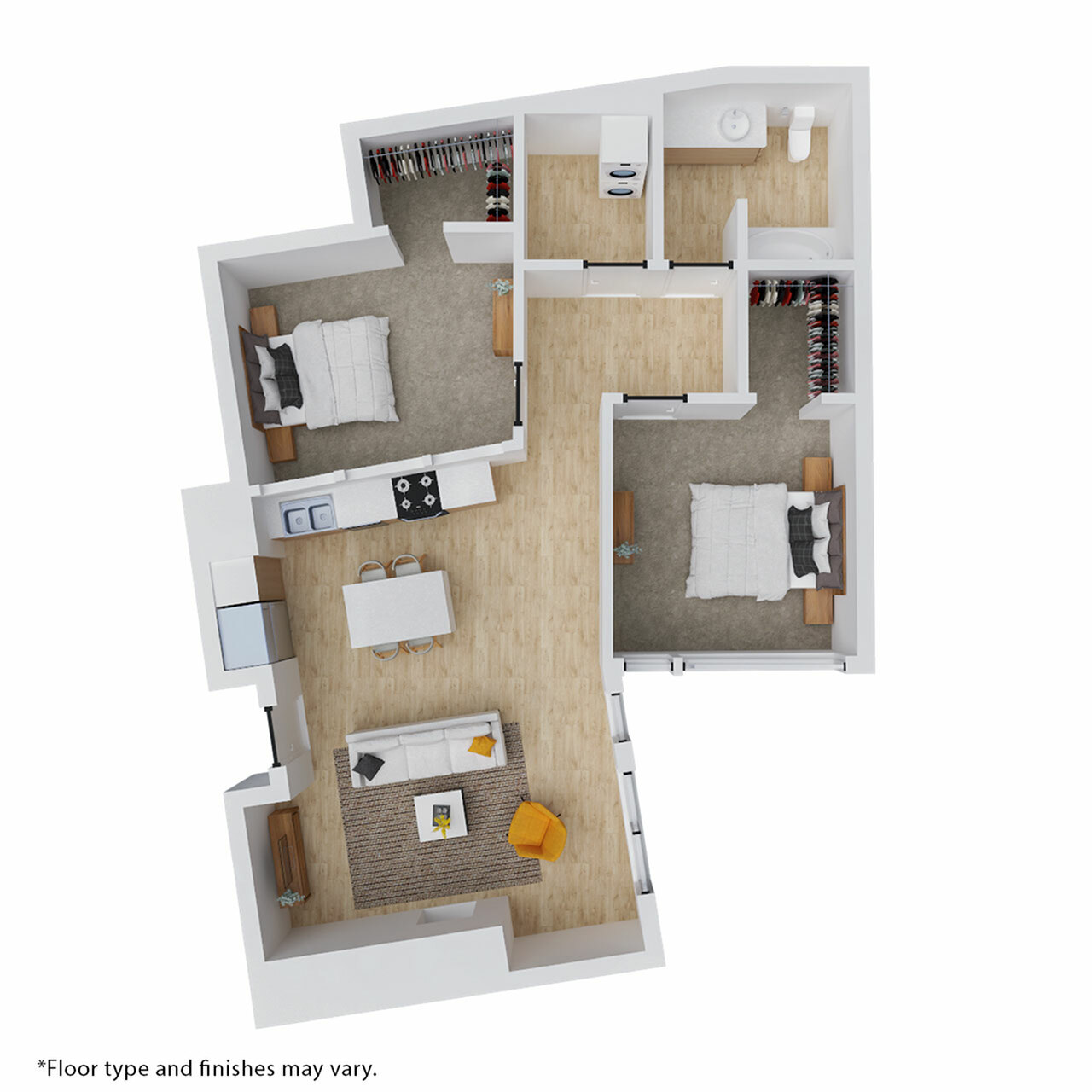 Modern 3D floor plan showcasing 2 spacious bedrooms, an open-plan kitchen and dining area, and a stylish living room.