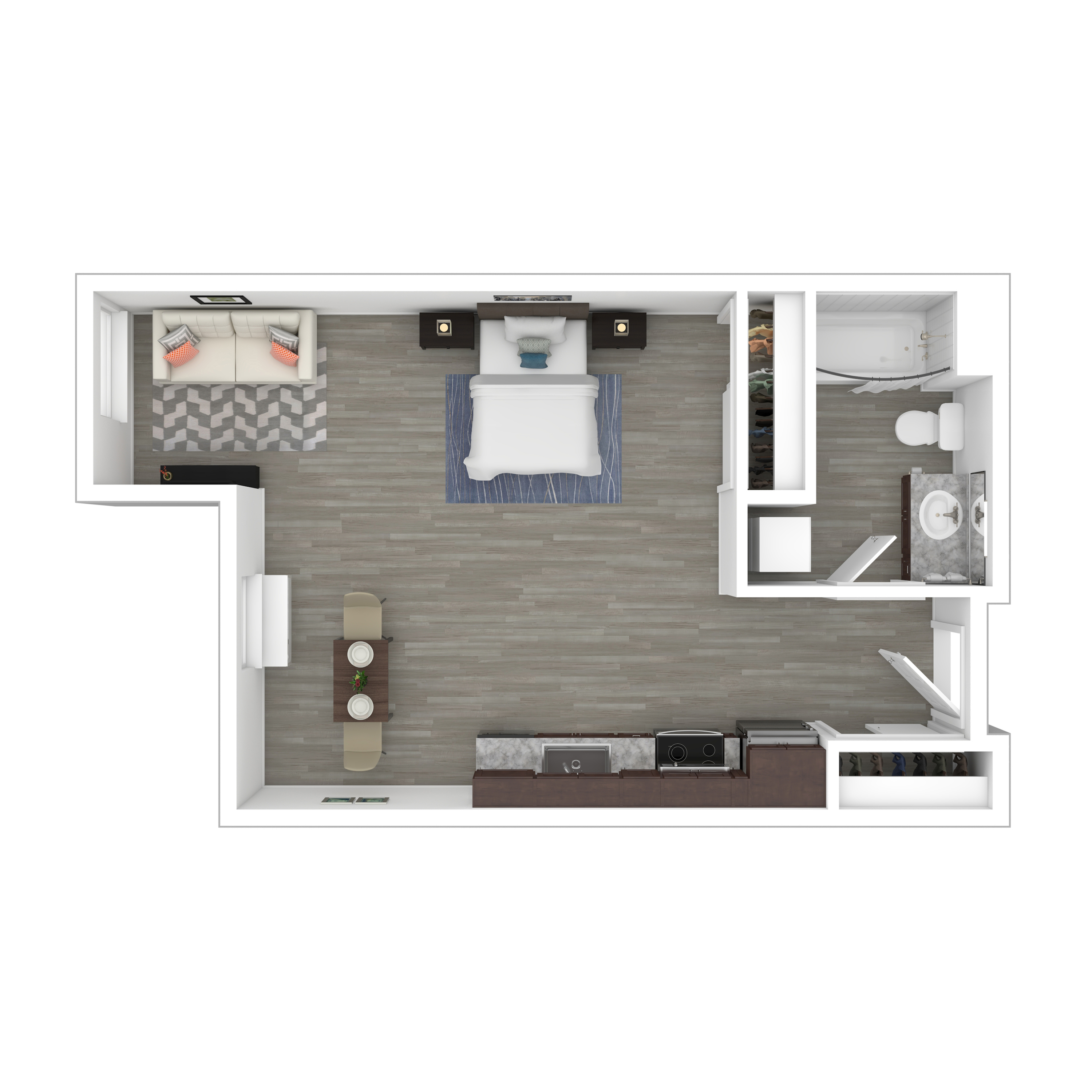 Modern studio apartment floor plan showcasing an open-concept design with cozy living area, stylish bedroom, compact kitchen, and elegant bathroom.