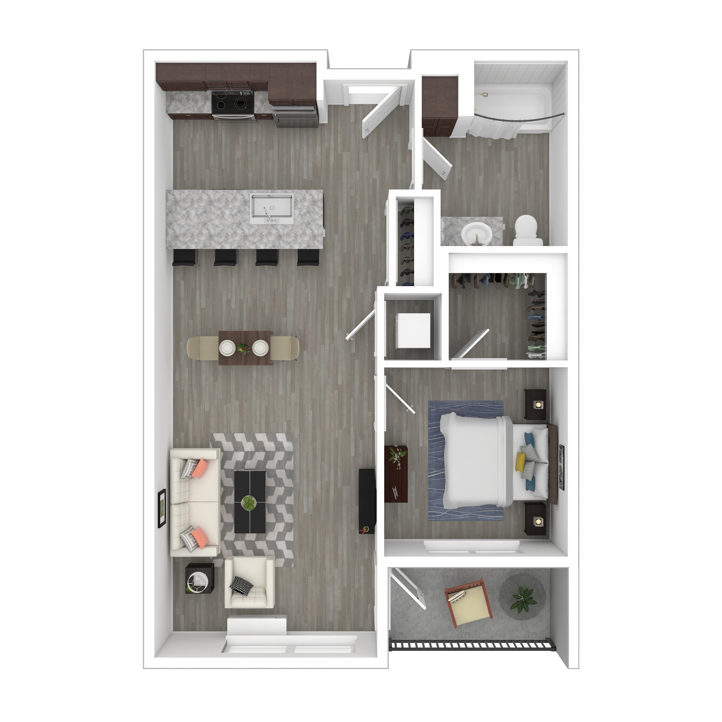 Modern 1-bedroom apartment floor plan showcasing an open-concept living area, sleek kitchen with island, stylish bathroom, and cozy balcony.