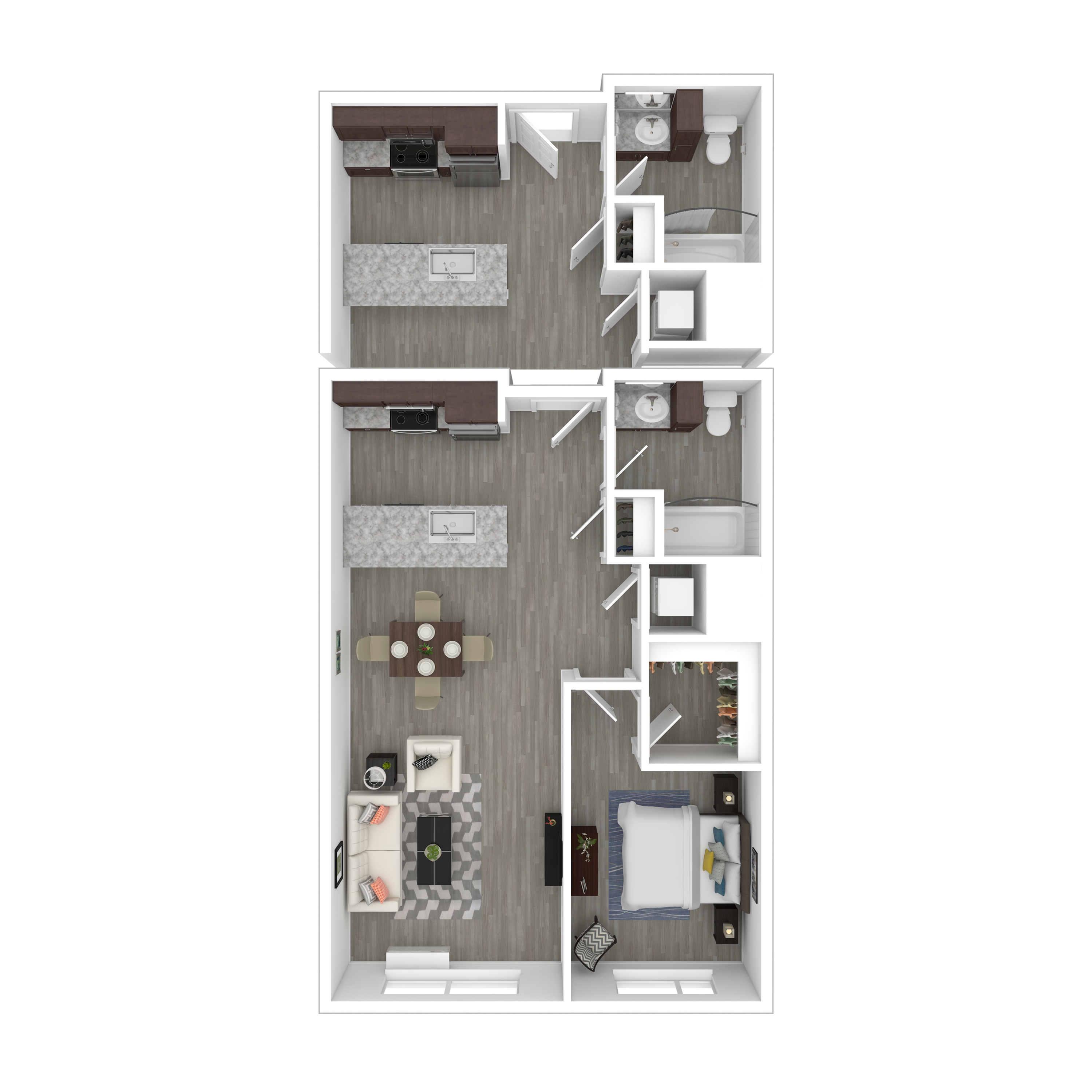 Modern floor plan featuring a spacious open-concept kitchen and living area, one bedroom, and two bathrooms with elegant interior design.