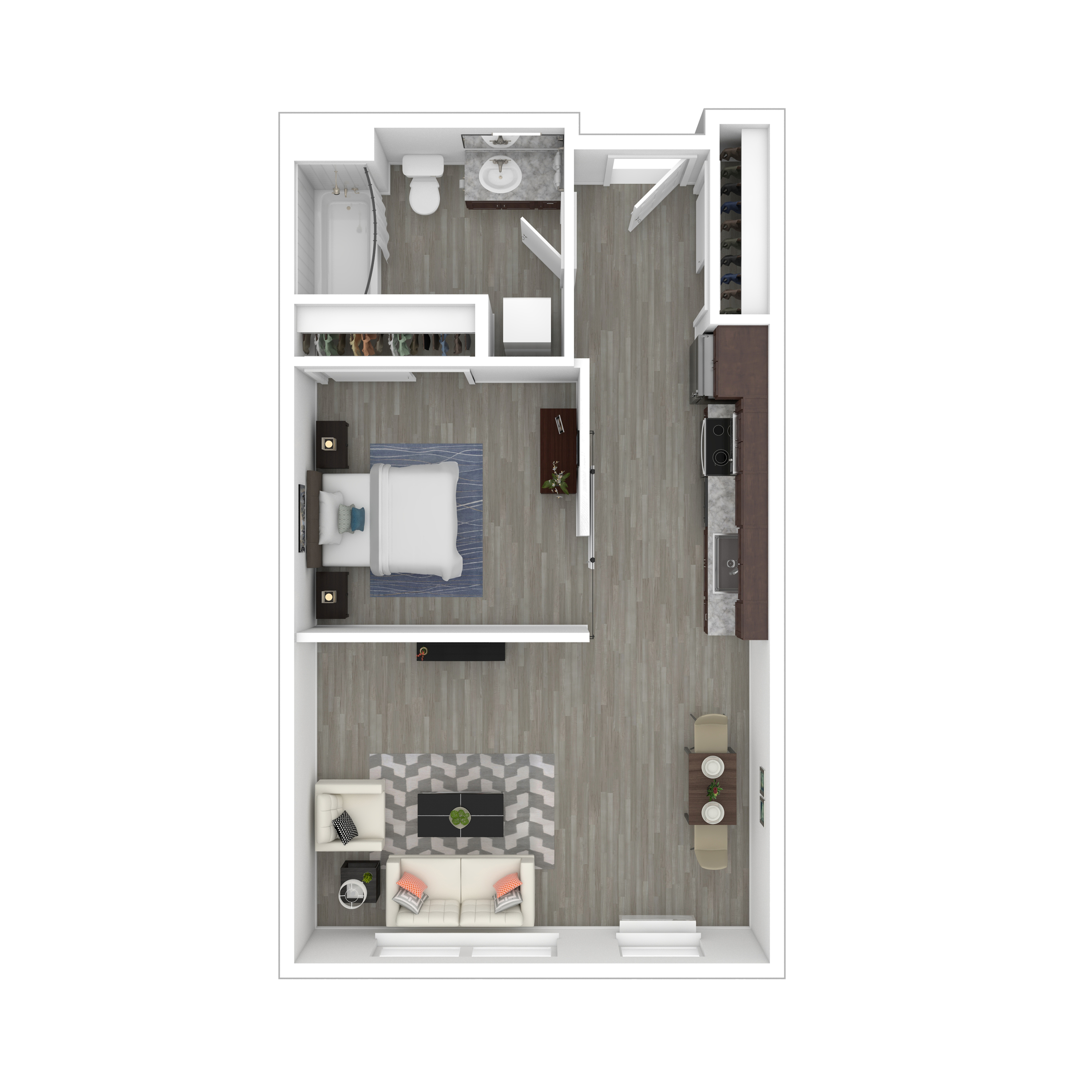 Modern floor plan showcasing one-bedroom apartment with a spacious living area, sleek kitchen, and elegant bathroom.