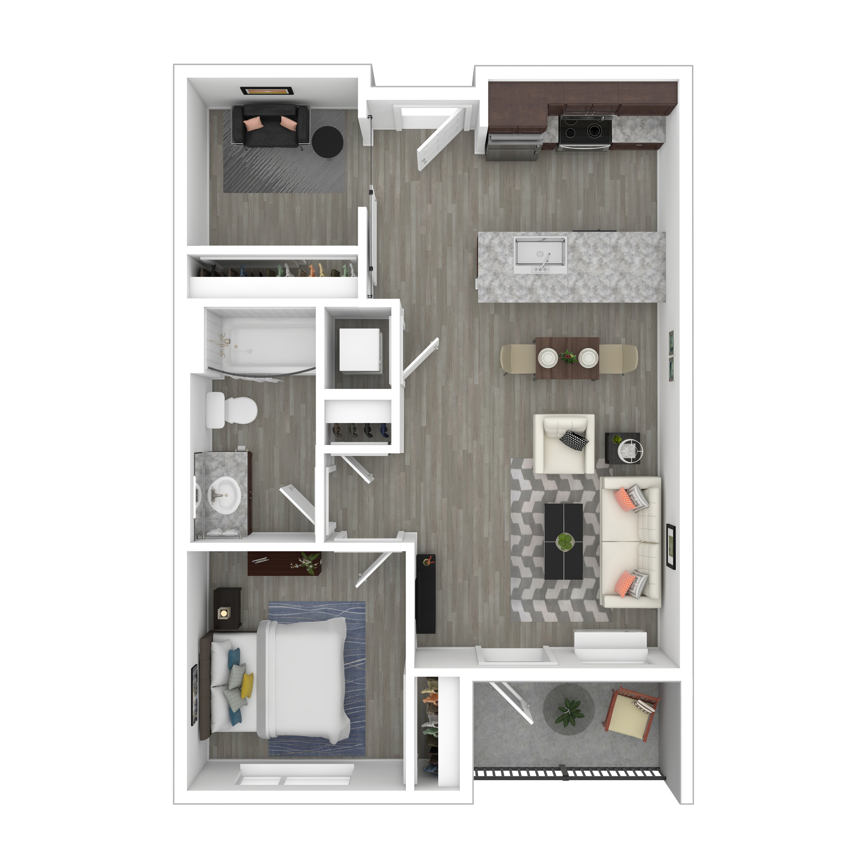 Modern 1-bedroom floor plan featuring an open-concept kitchen and living area, stylish bathroom, and cozy balcony.