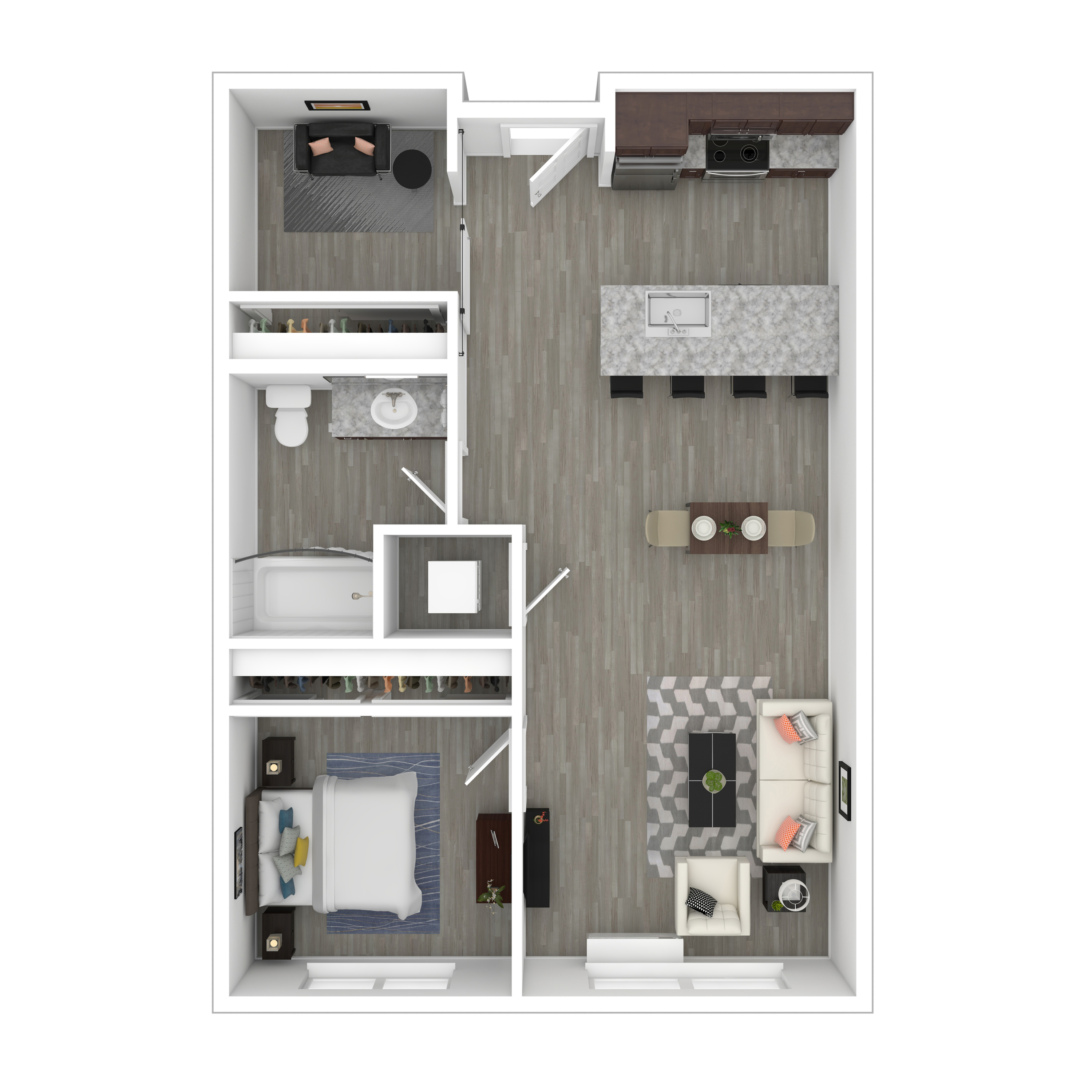 Modern floor plan featuring one bedroom, an open-concept kitchen with island, and a cozy living room with stylish seating.
