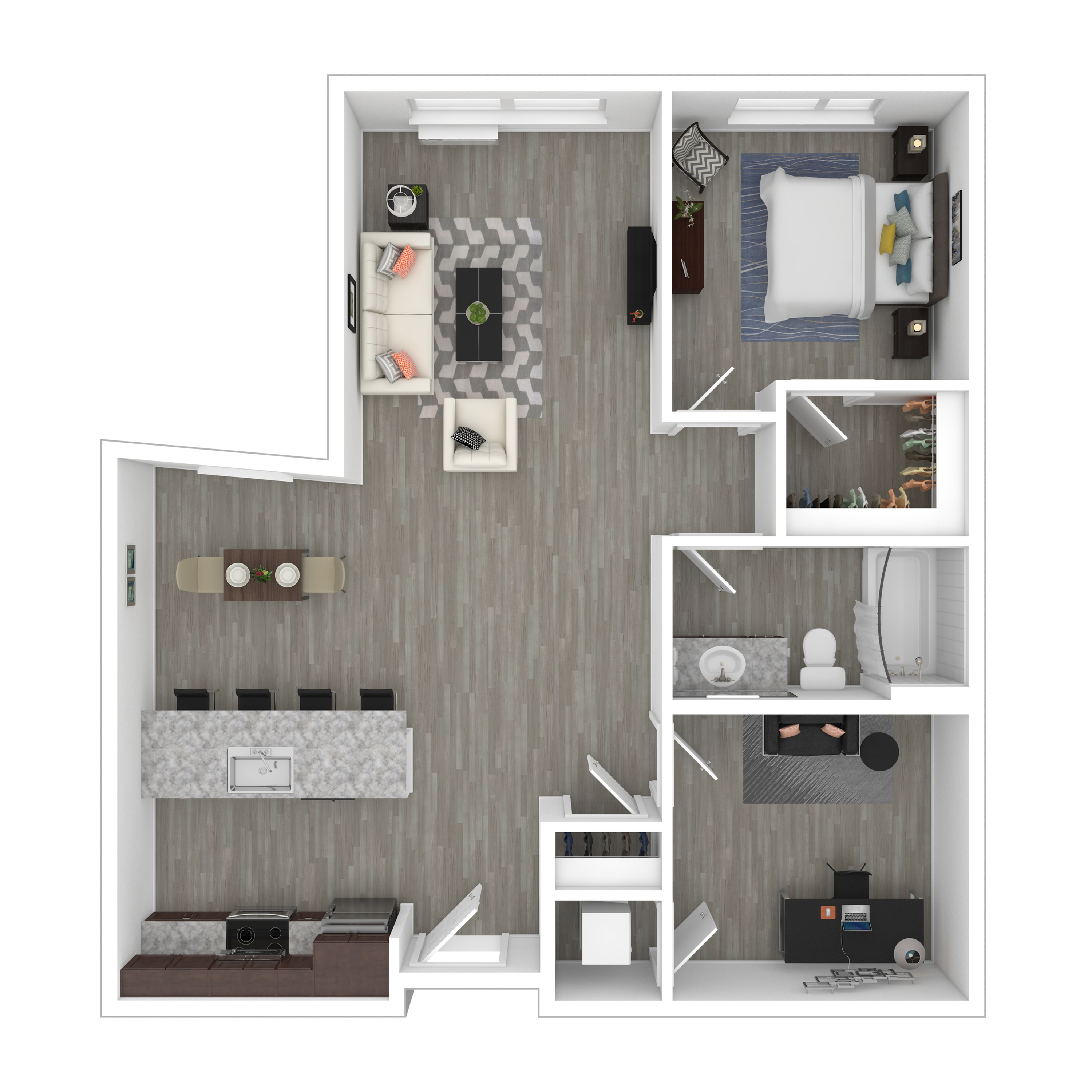 Modern 2D floor plan showcasing an elegant one-bedroom, open living and dining area, stylish kitchen island, and spacious bathroom with walk-in closet.