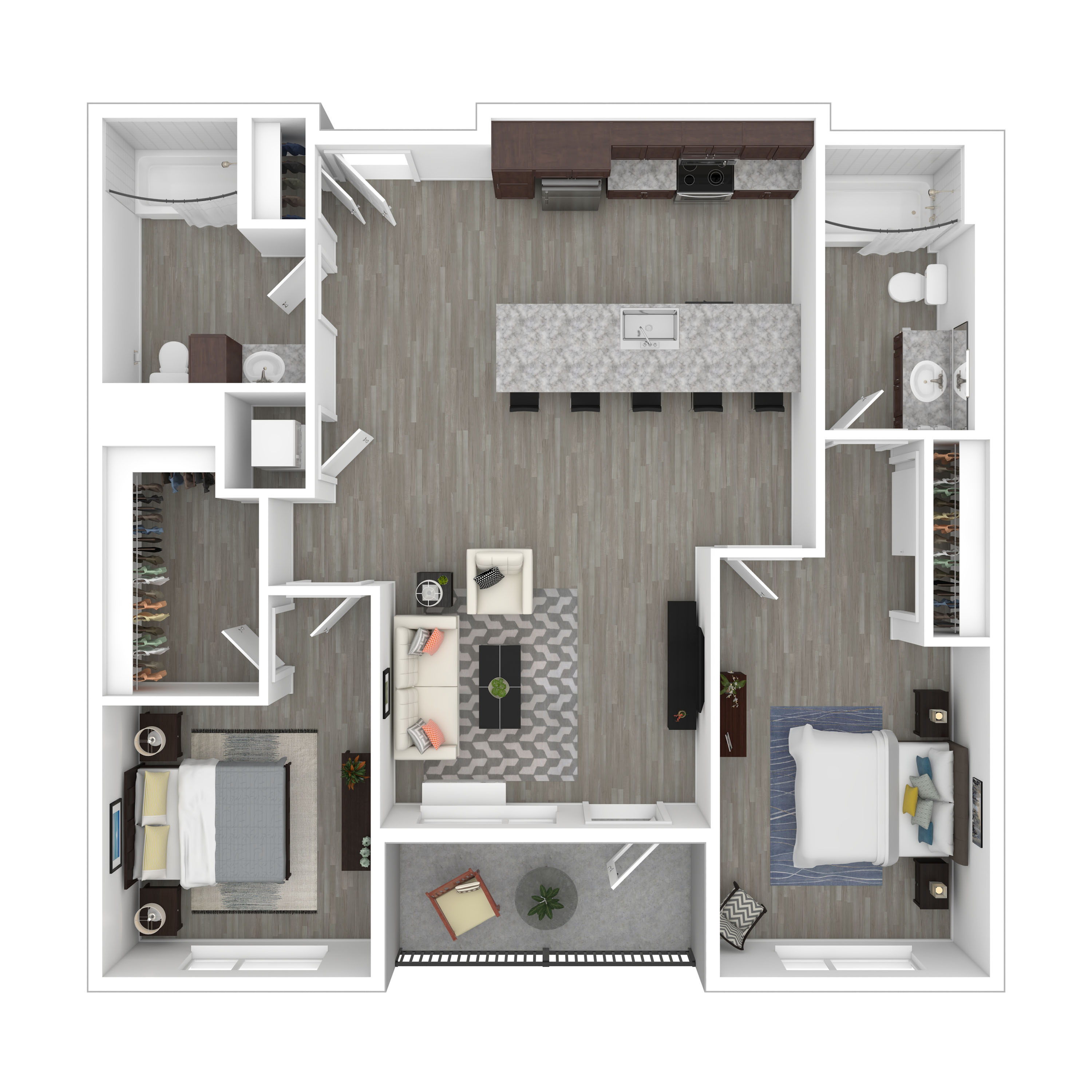 Beautiful floor plan showcasing a modern open-concept living area, two spacious bedrooms, chic kitchen island, and cozy balcony.