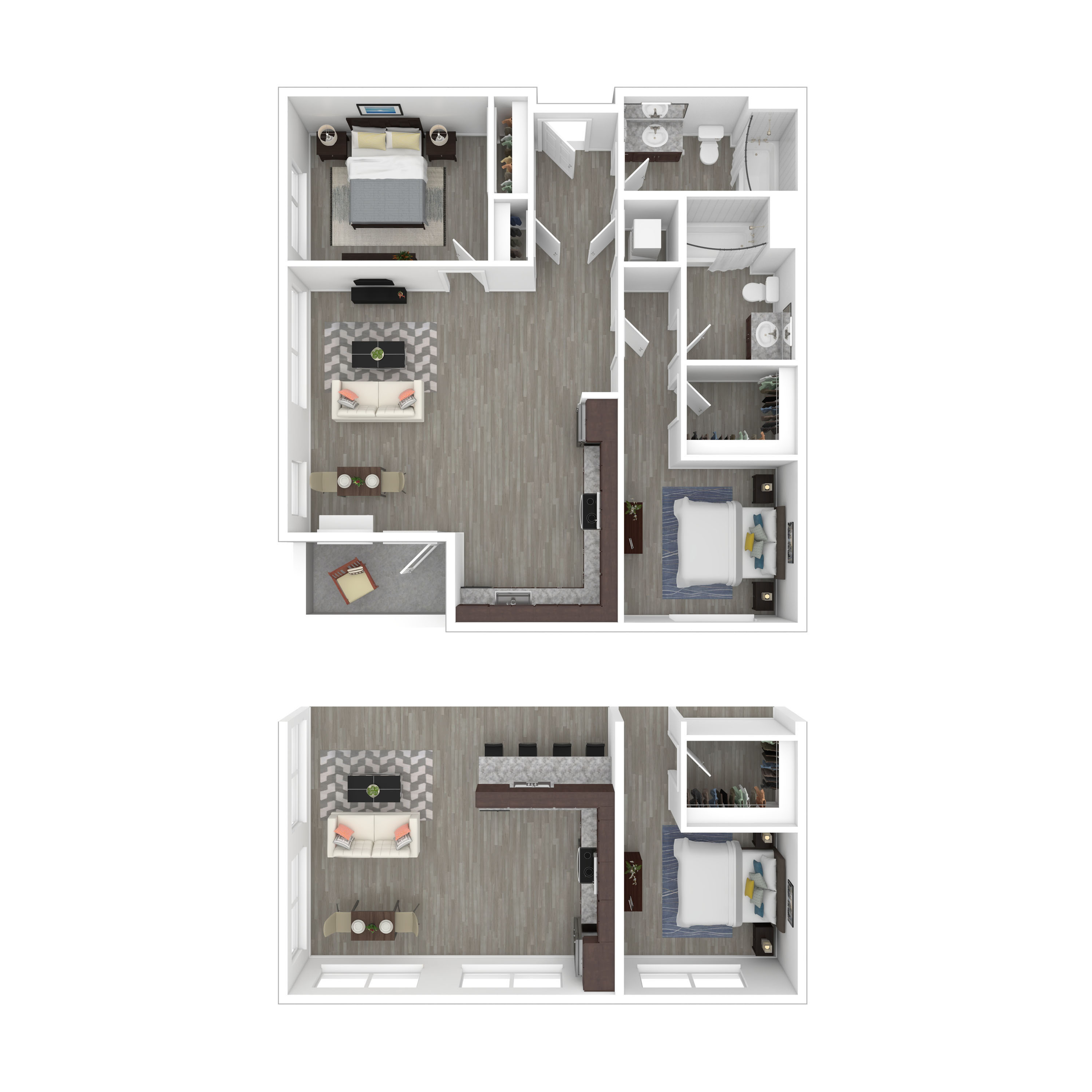 Elegant 3D floor plan showcasing a two-story layout with 2 bedrooms, modern kitchen, and airy living space, perfect for stylish urban living.