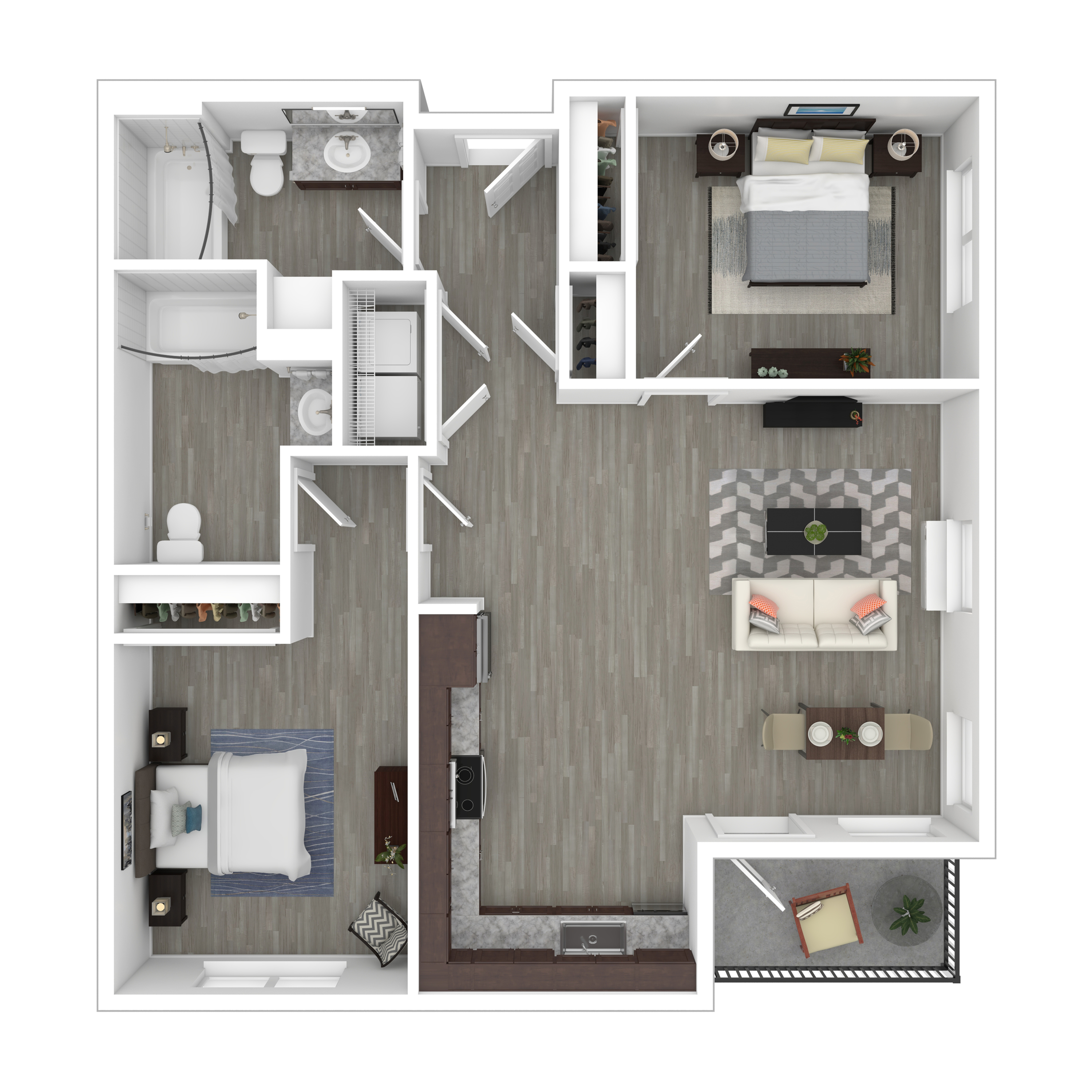Modern 2D floor plan showcasing a stylish 2-bedroom, 1-bathroom apartment with open-concept living and dining area, sleek kitchen, and cozy balcony.