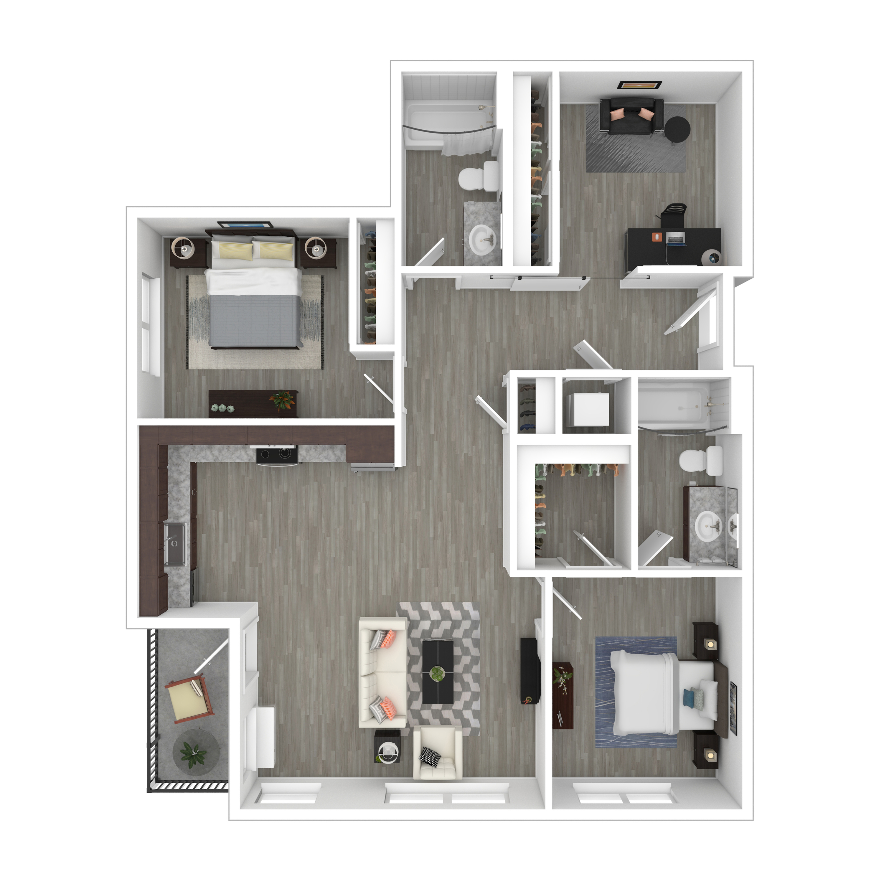 Charming 3D floor plan showcasing two spacious bedrooms, elegant open living area, and a modern kitchen, perfect for comfortable living.