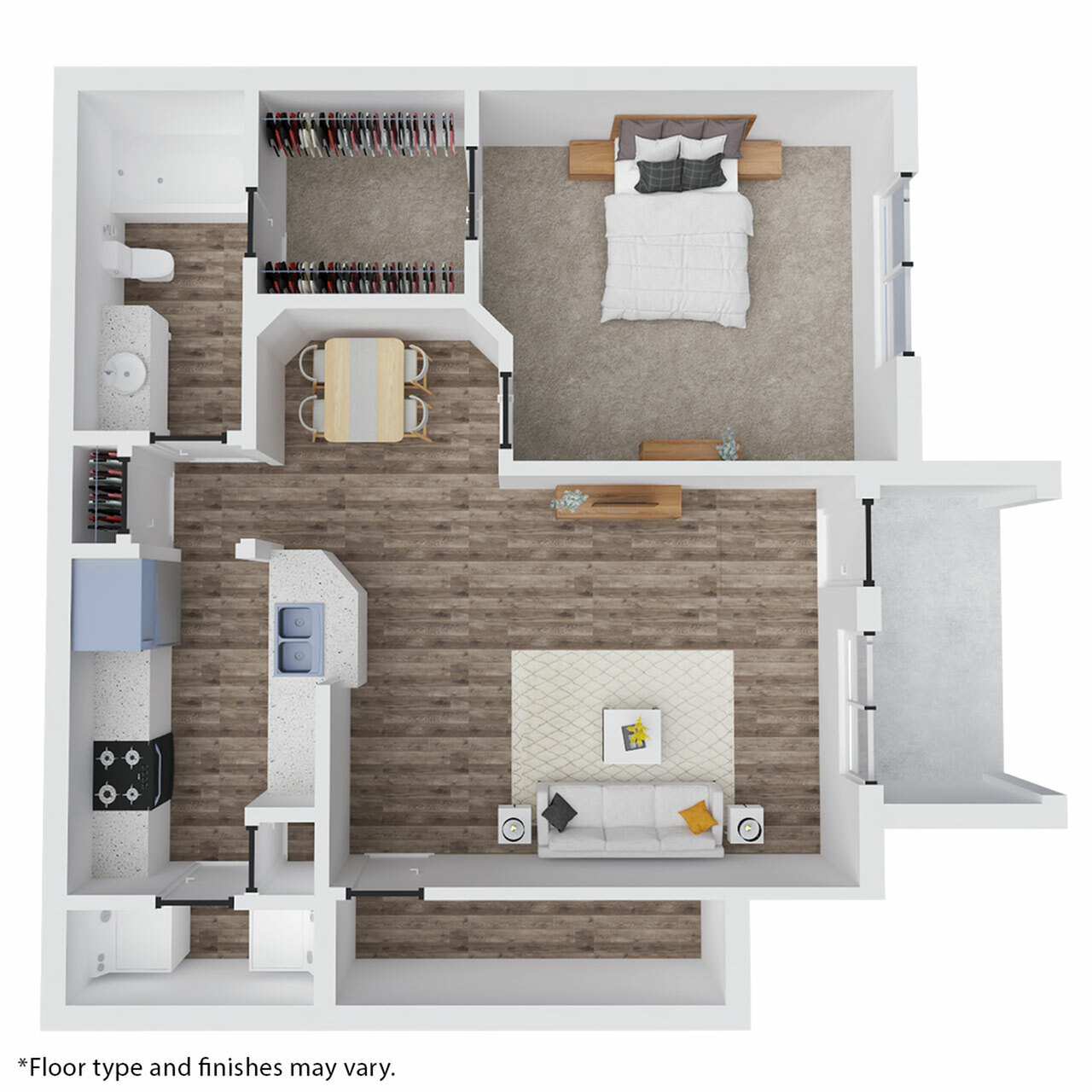 Chic 3D floor plan showcasing a spacious one-bedroom apartment with an open-concept living and dining area, modern kitchen, and ample closet space.
