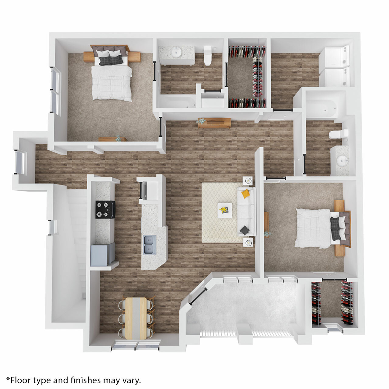 Contemporary floor plan showcasing 2 spacious bedrooms, an open-concept living and dining area, and a modern kitchen with sleek finishes.