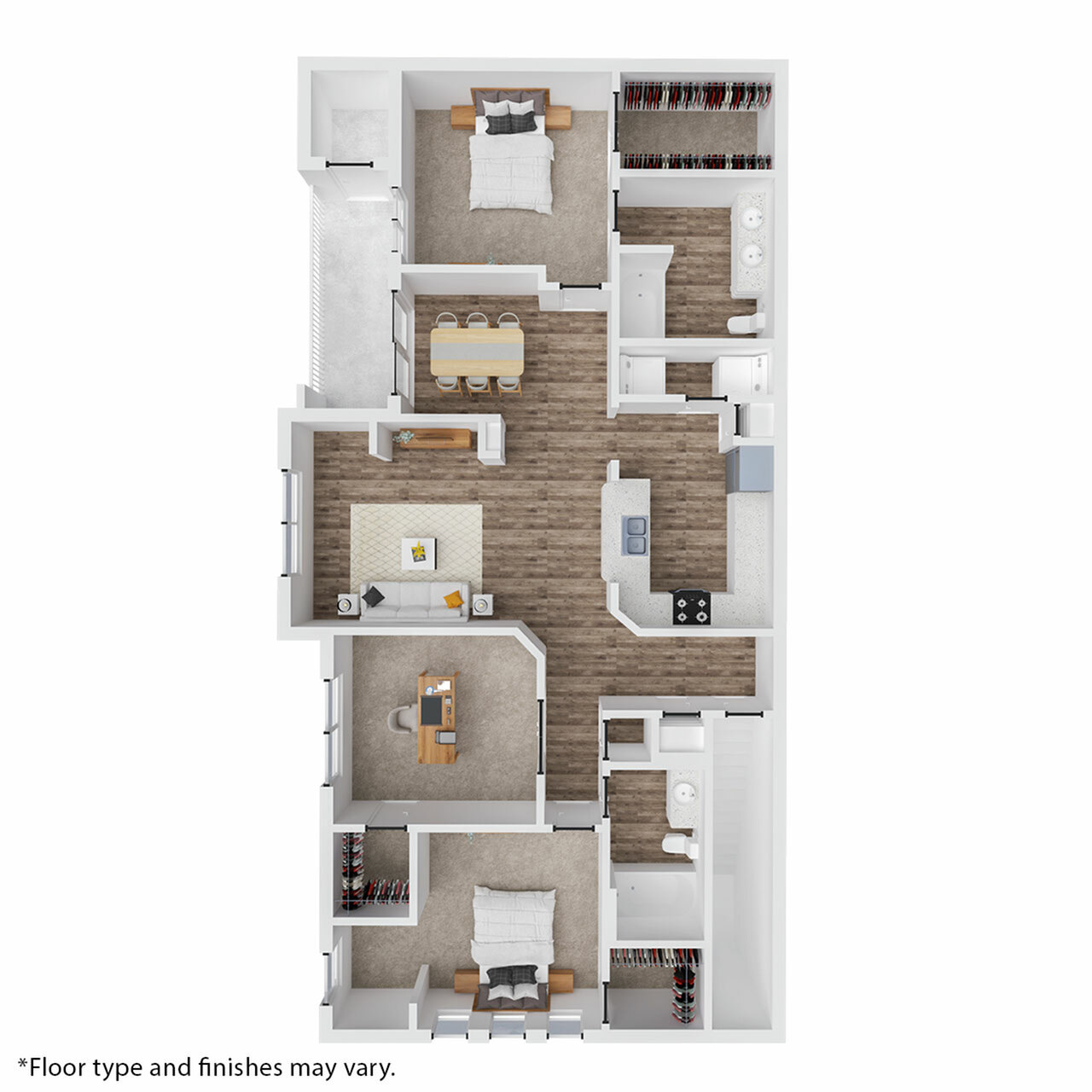 Contemporary floor plan showcasing 3 bedrooms, a stylish open kitchen, and inviting living and dining areas, ideal for modern living.