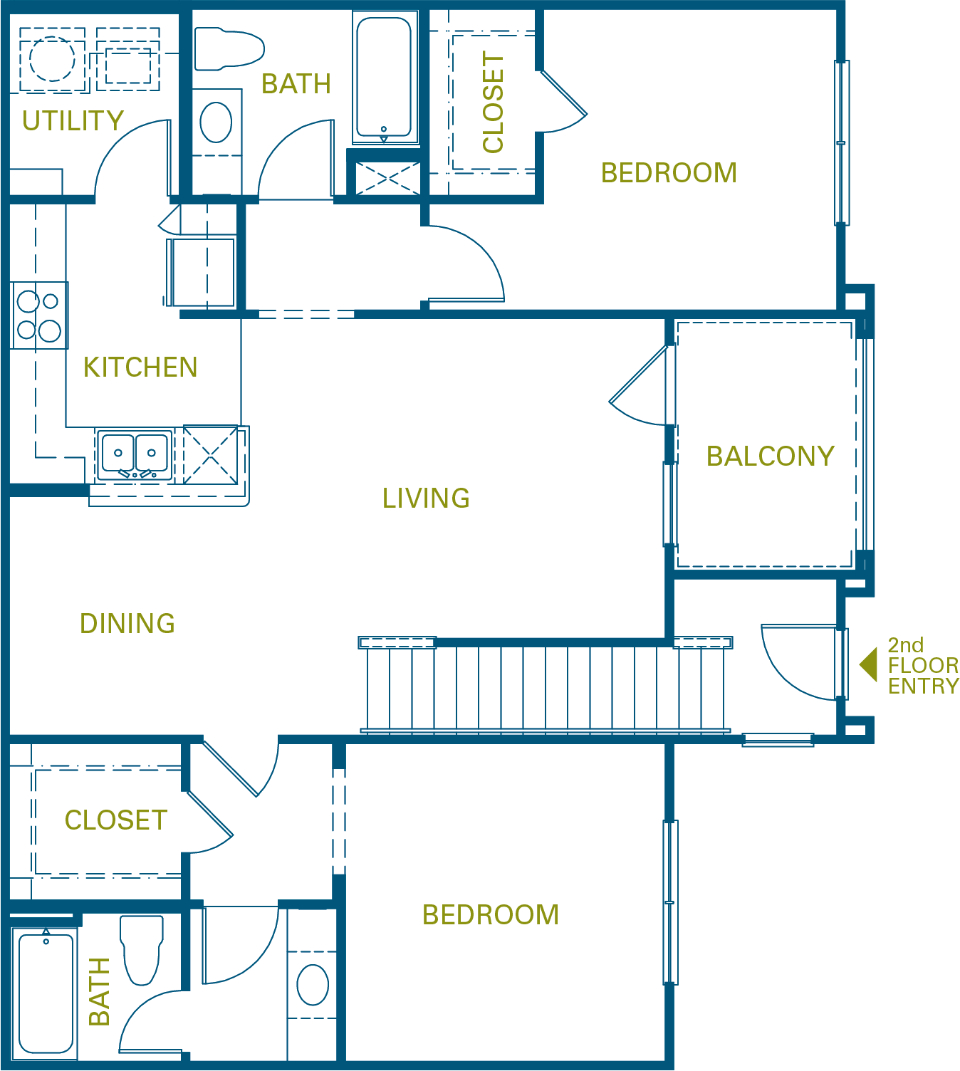 Inviting floor plan showcasing 2 spacious bedrooms, a modern kitchen, elegant living and dining areas, with a relaxing balcony and convenient utility room.