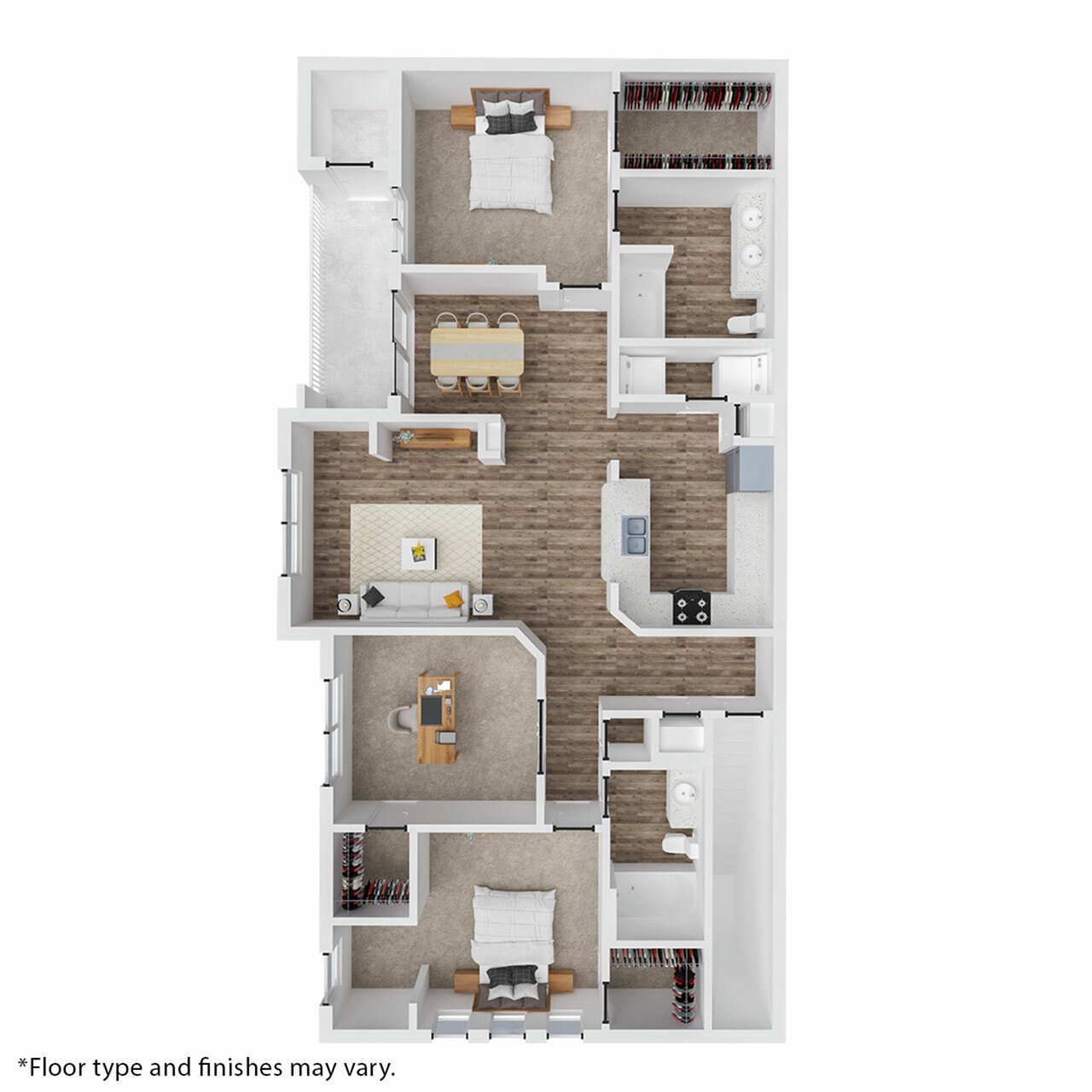Spacious 3D floor plan showcasing 3 bedrooms, a modern kitchen, and an inviting open-plan living area with wood-style flooring.